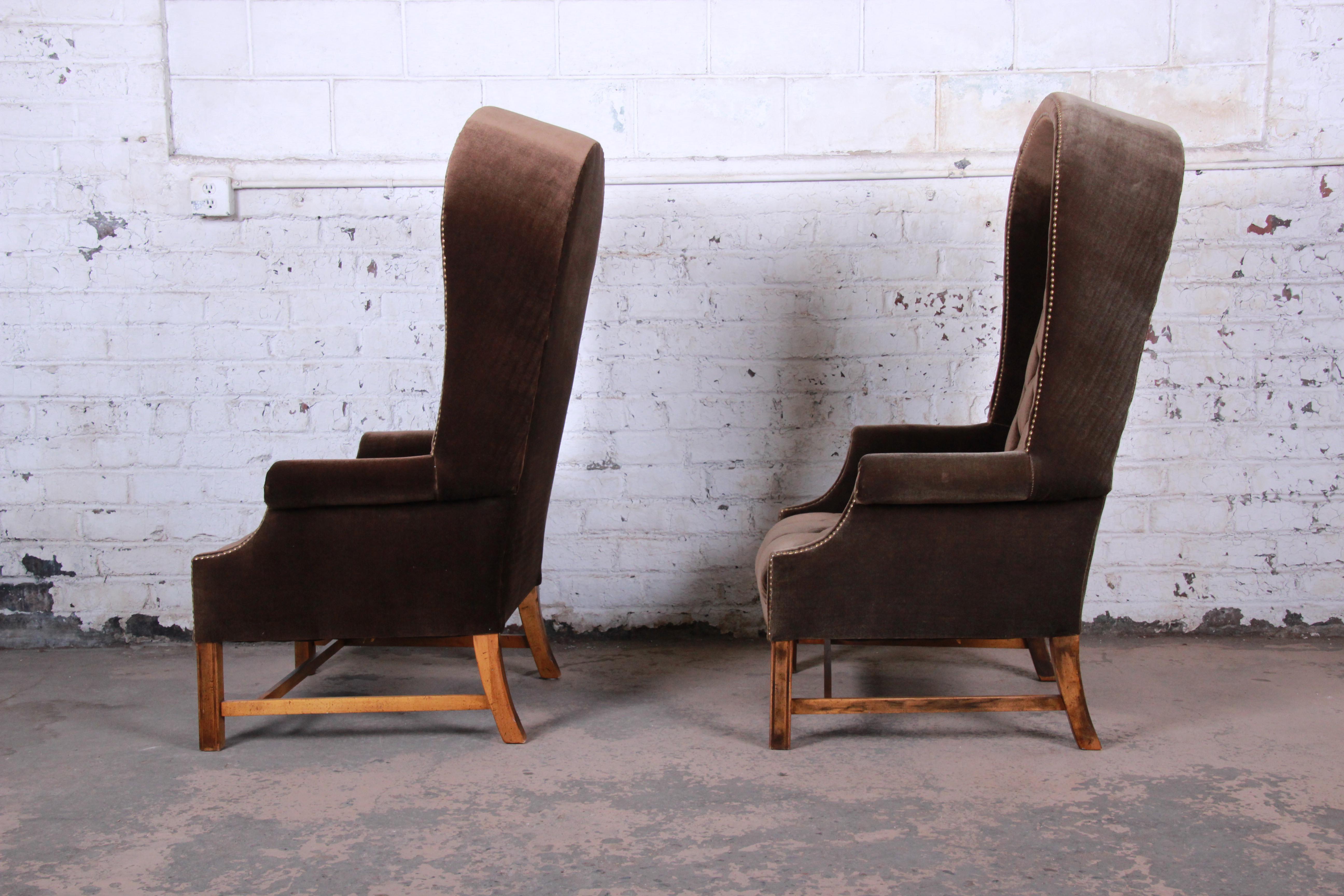 20th Century Midcentury Brown Velvet Porter's Chairs, Pair