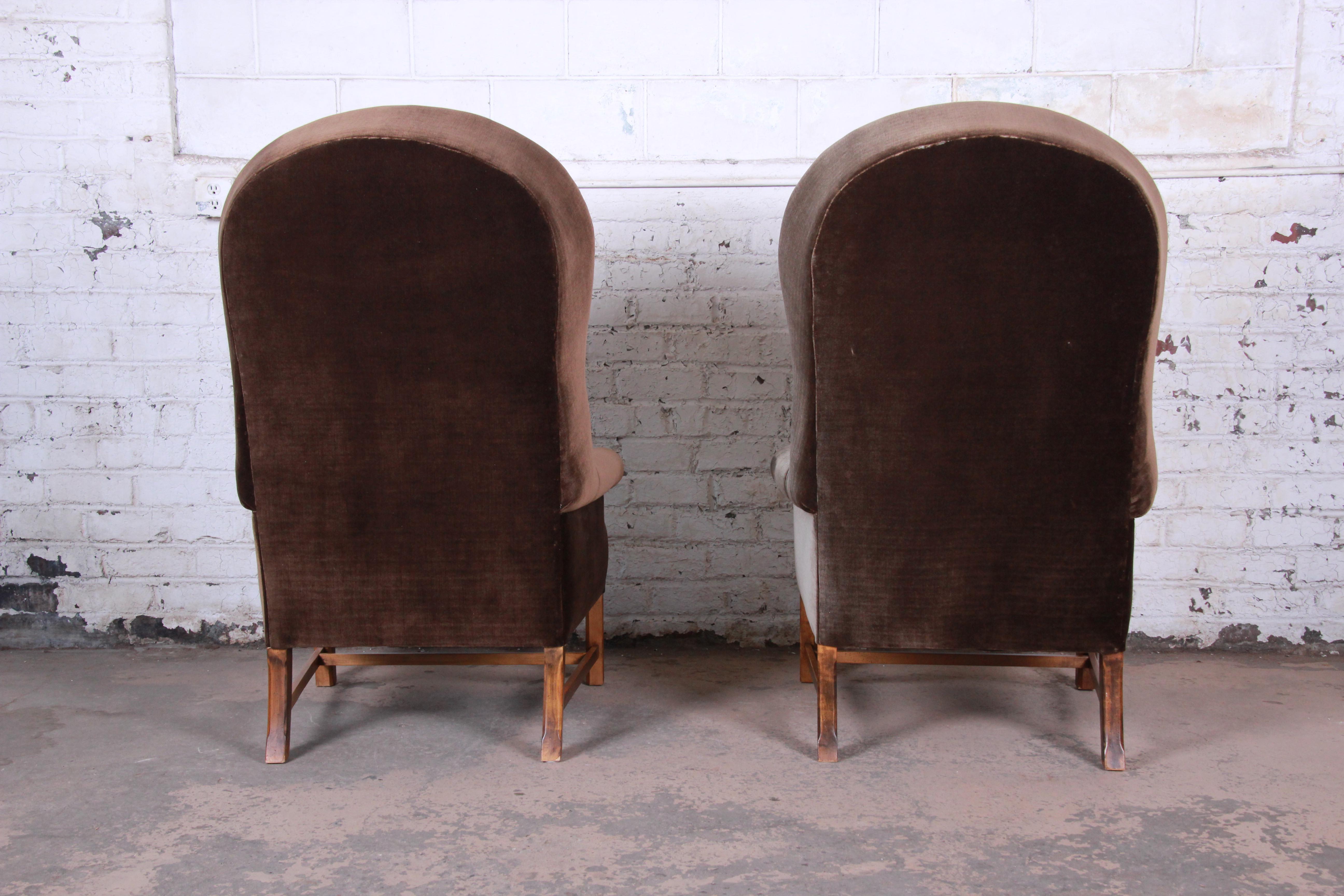 Brass Midcentury Brown Velvet Porter's Chairs, Pair