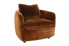 Milo Baughman style Midcentury Brown Velvet Tub Swivel Armchair in COM