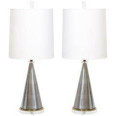 Midcentury Brushed Aluminum, Brass and Translucent Lucite Conical Table Lamps