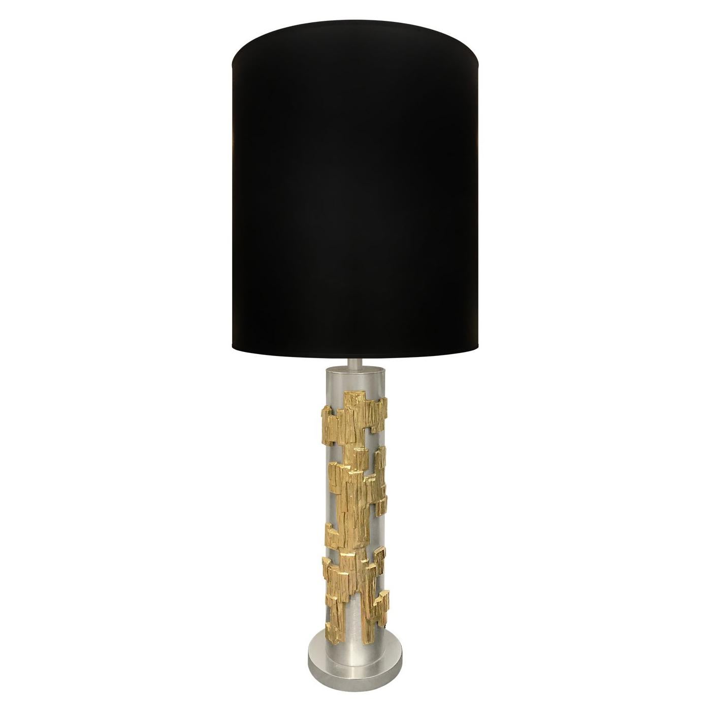 Midcentury Brushed Steel Laurel Table Lamp with Cast Brass Brutalist Motif For Sale