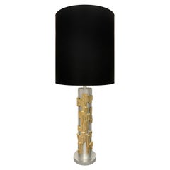 Midcentury Brushed Steel Laurel Table Lamp with Cast Brass Brutalist Motif