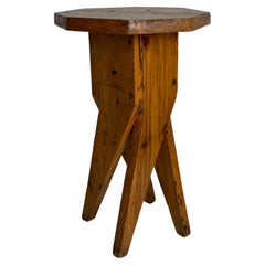 Midcentury brutalist artisanal rustic handcrafted pine stool, France 1960s