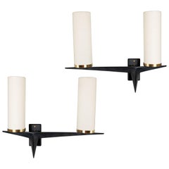 Midcentury Brutalist Black Satin Faceted Steel and Brass Sconces by Maison Arlus