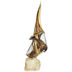 Midcentury Brutalist Brass and Stone Abstract Sculpture