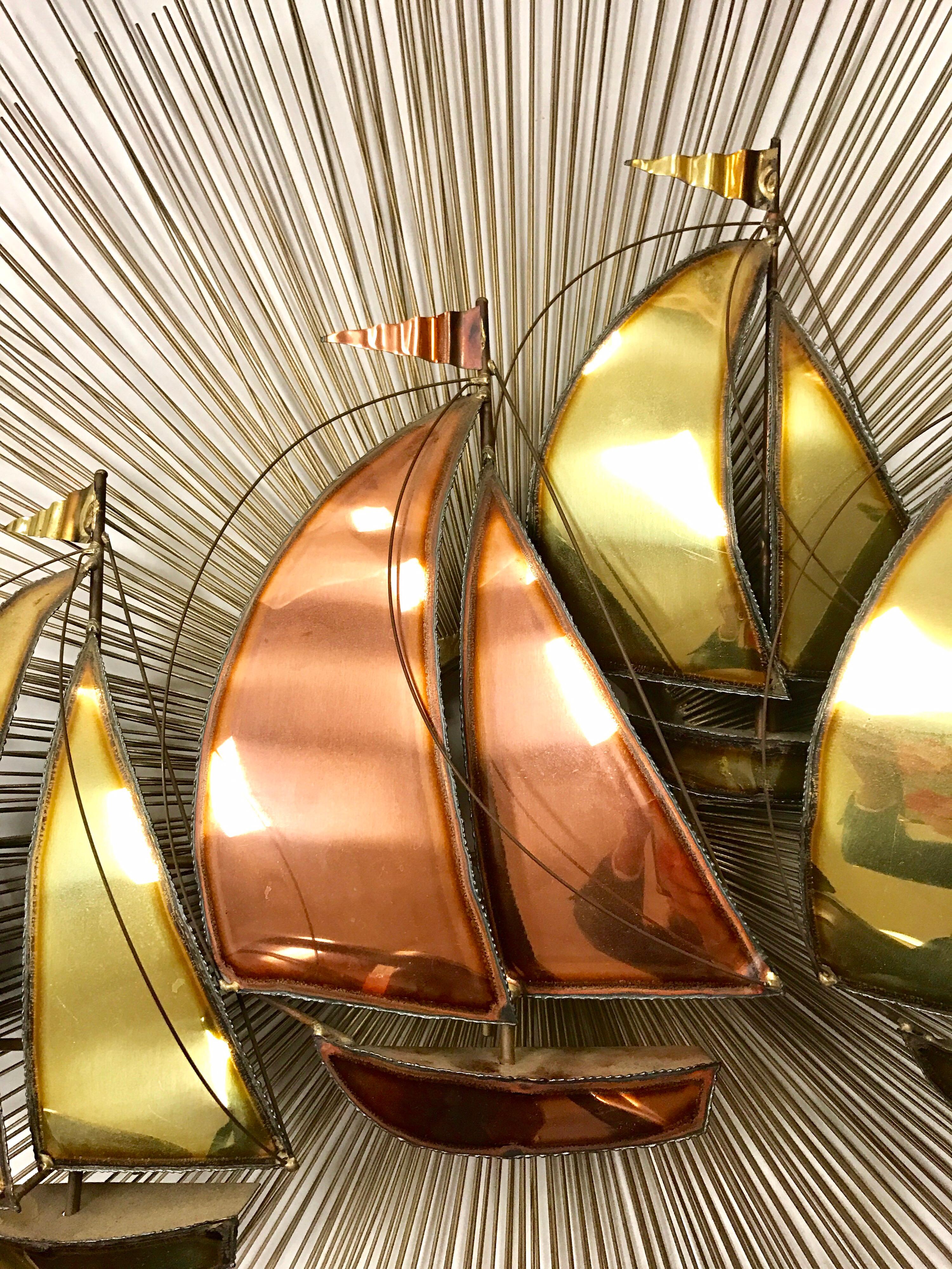American Midcentury Brutalist Brass Sunburst Starburst Sailboat Sculpture