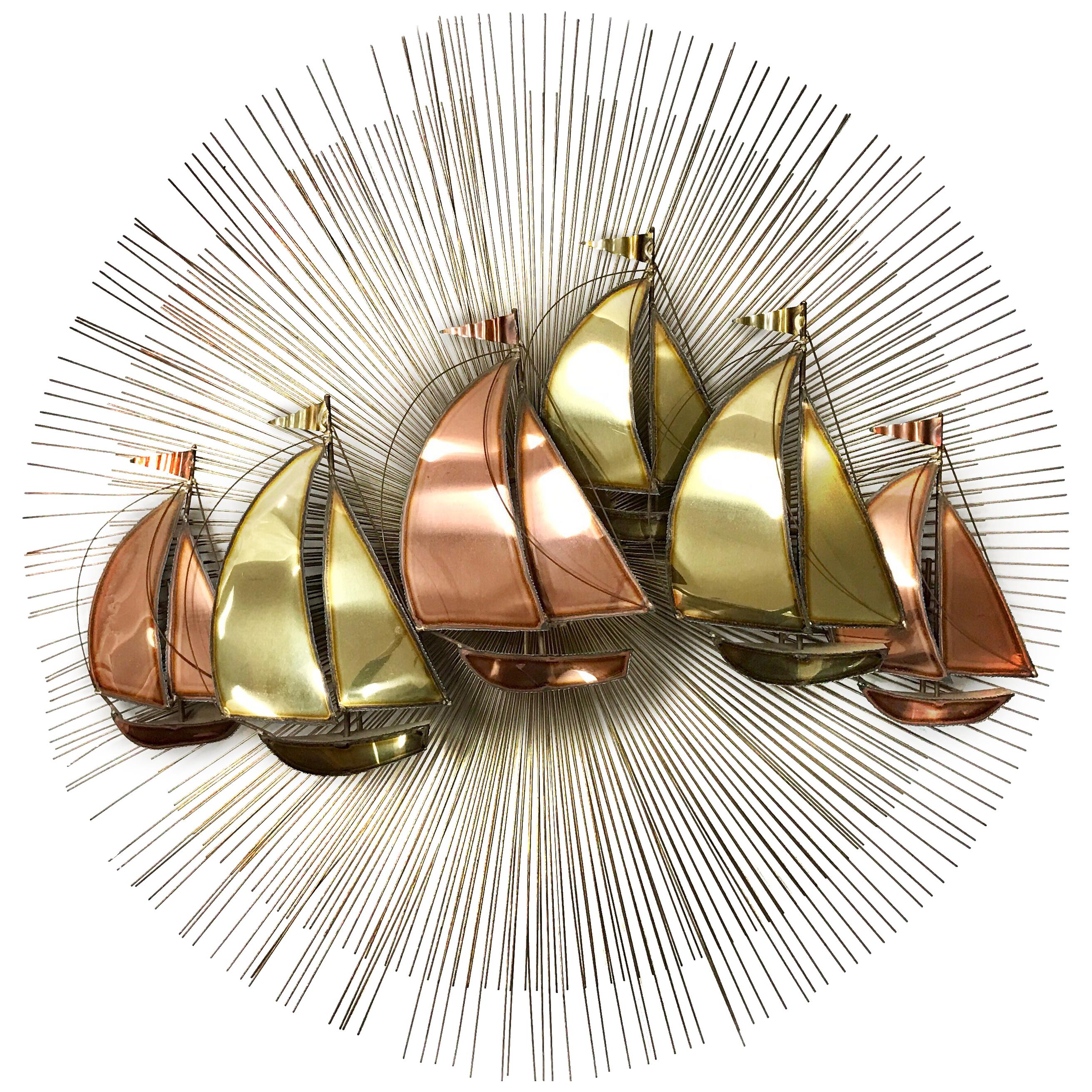 Midcentury Brutalist Brass Sunburst Starburst Sailboat Sculpture