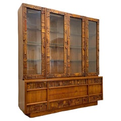 Midcentury Brutalist Credenza + Hutch, Lane Pueblo Walnut Glass Display Cabinet