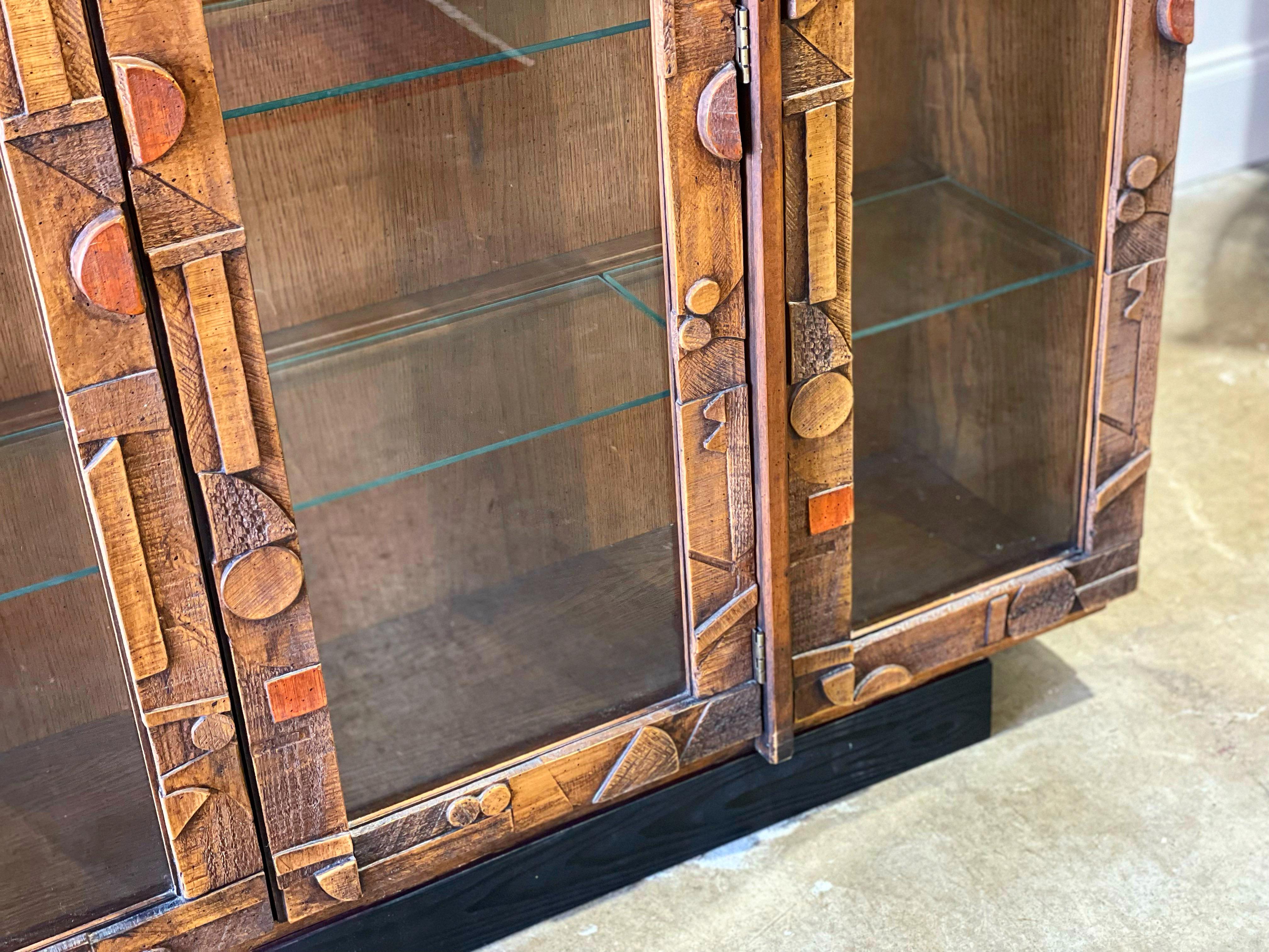 American Midcentury Brutalist Display Curio Cabinet, Lane Pueblo, Lighted Glass Shelves
