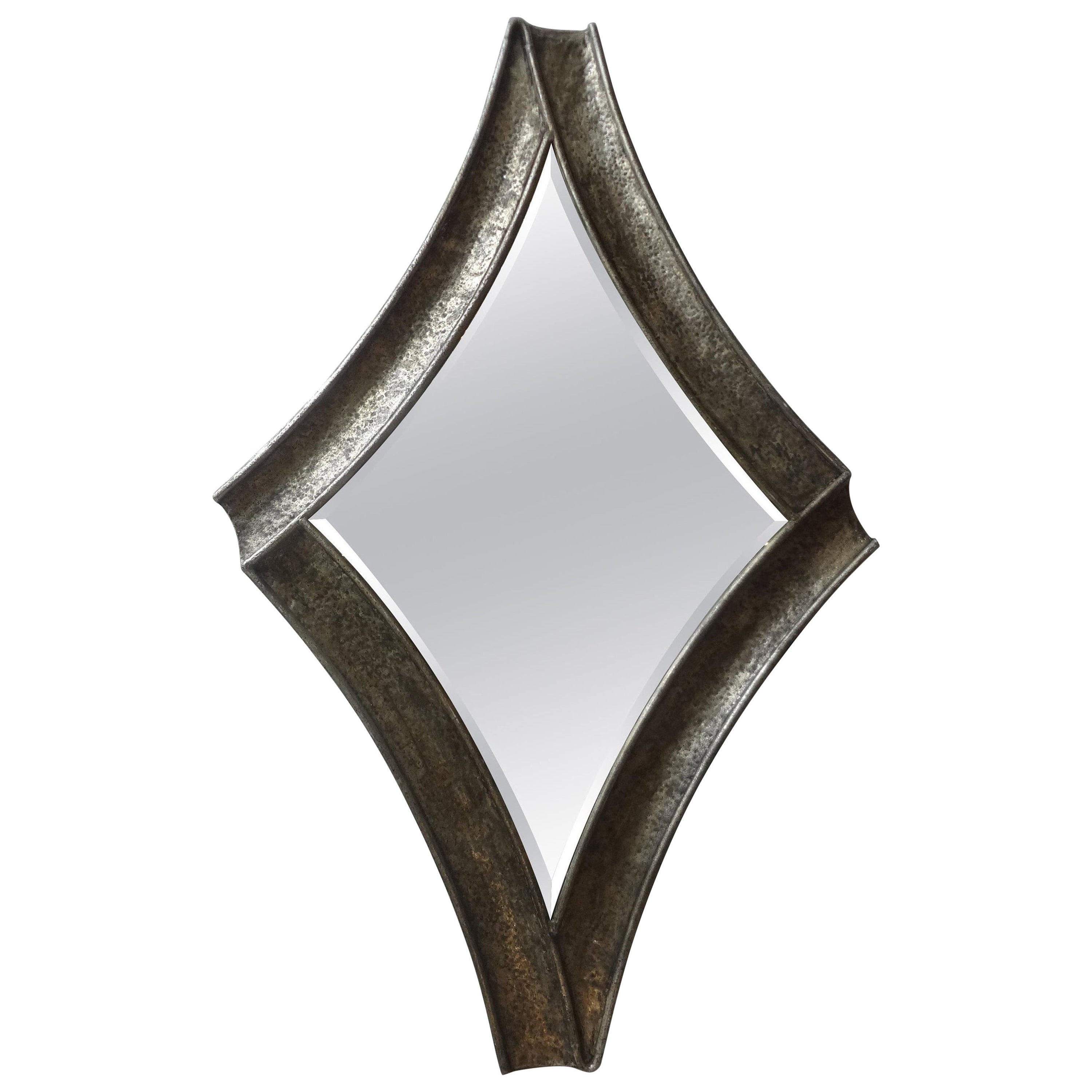 Midcentury Brutalist Hammered Metal Beveled Mirror