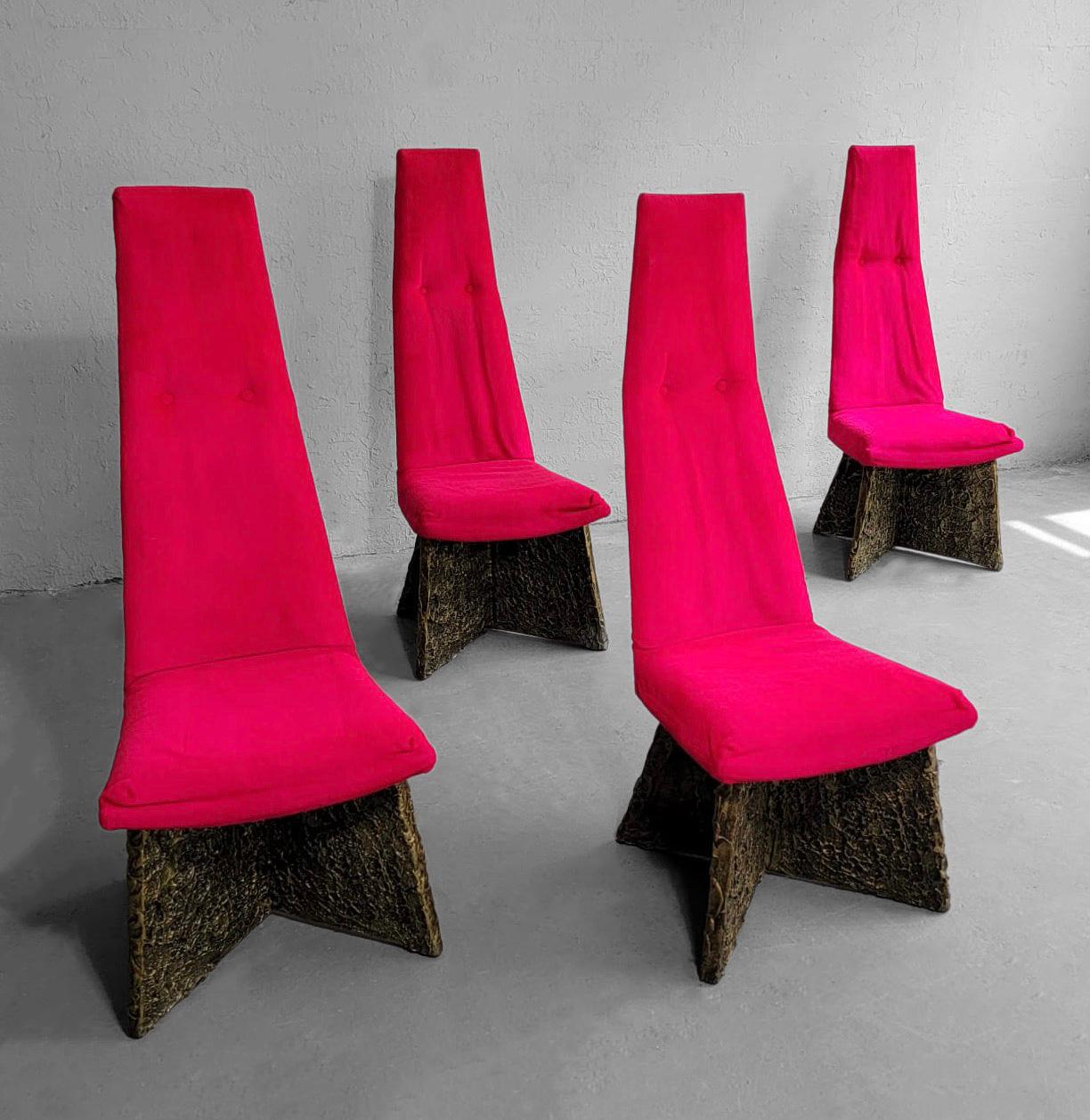 Set of 4, impressive, midcentury, brutalist dining or side chairs by Adrian Pearsall feature lipstick red velvet, contoured, high back seats with thick, black and bronze tone, resin over wood, x bases. Iconic, midcentury brutalist design.