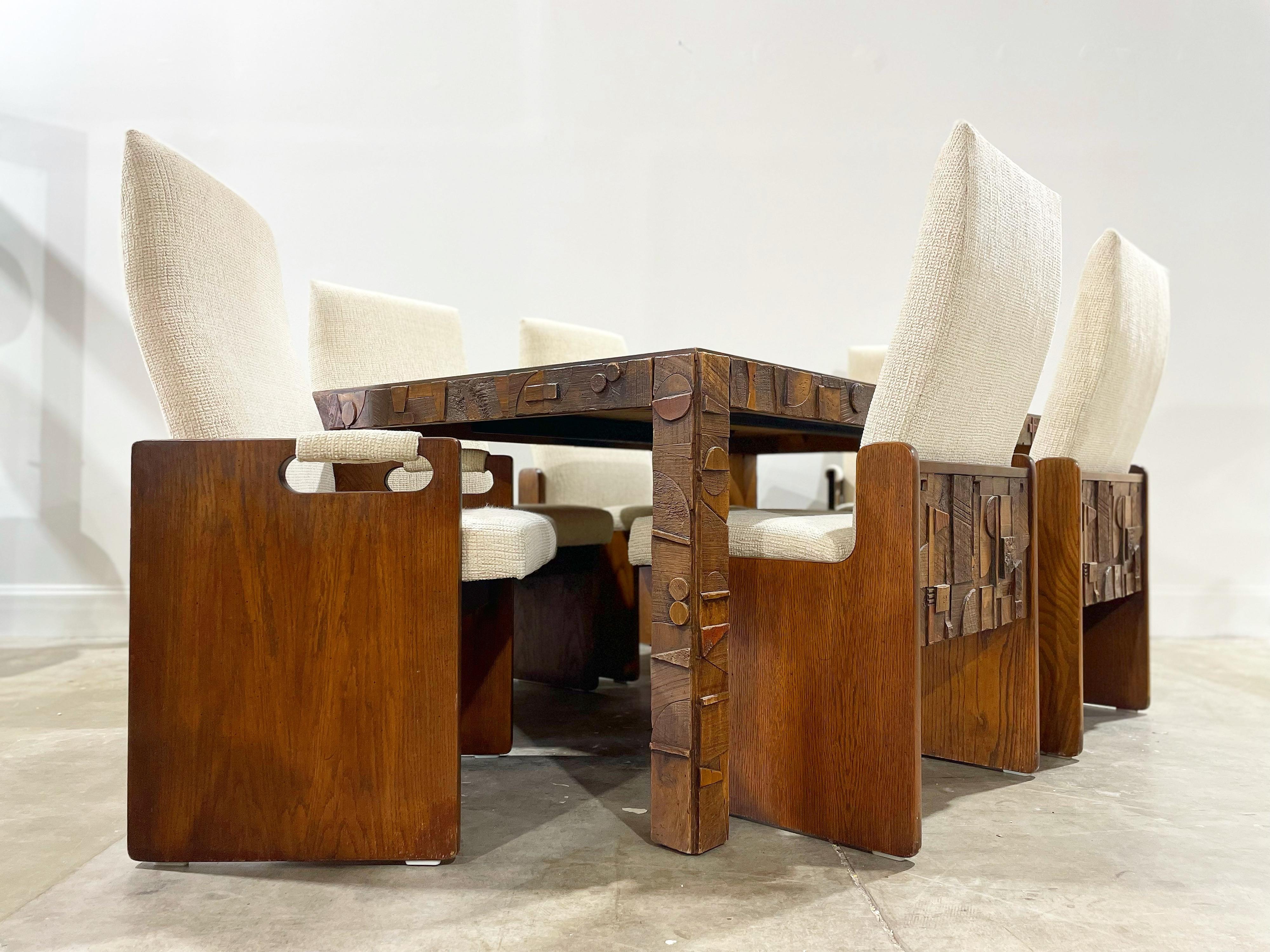 Remarkable mid century Brutalist dining set in the style of Paul Evans, Produced by Lane in the 1970's for their 