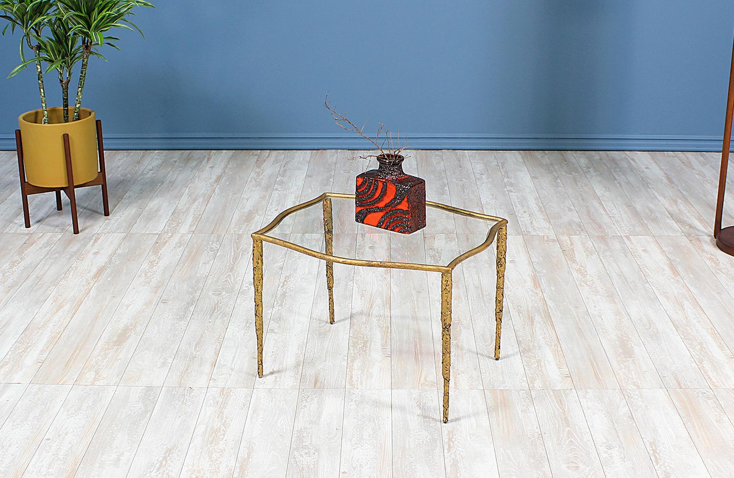 Mid-Century Brutalist Metal and Glass Side Table In Excellent Condition In Los Angeles, CA