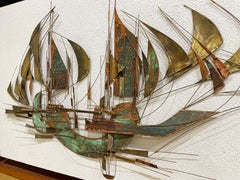 Mid-Century Brutalist Metal Art by Herbert Seiler, Boat Harbor Mounted on Walnut