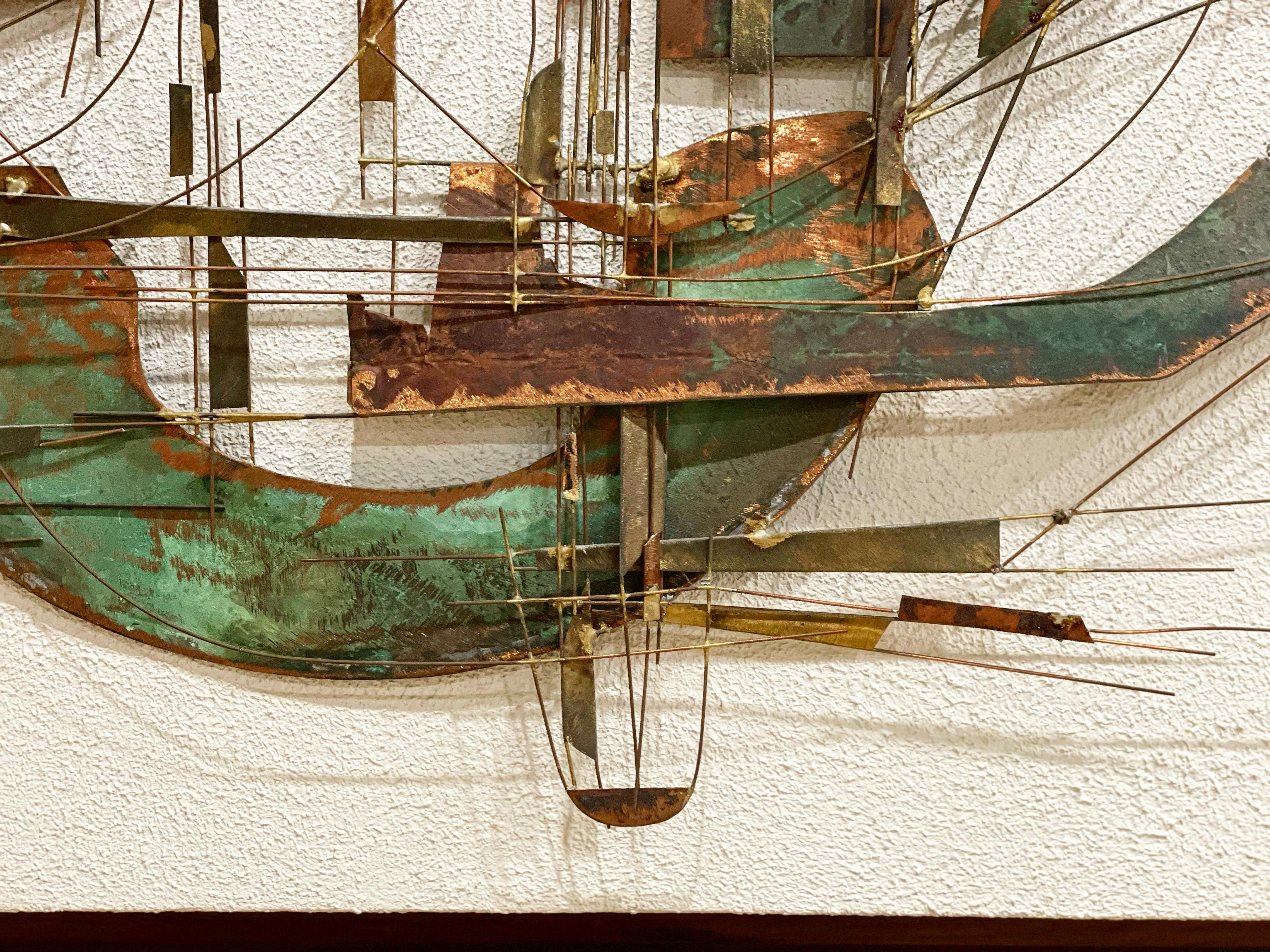 Late 20th Century Mid-Century Brutalist Metal Art by Herbert Seiler, Boat Harbor Mounted on Walnut