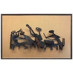 Midcentury Brutalist Metal Sculpture Wall Art on Frame