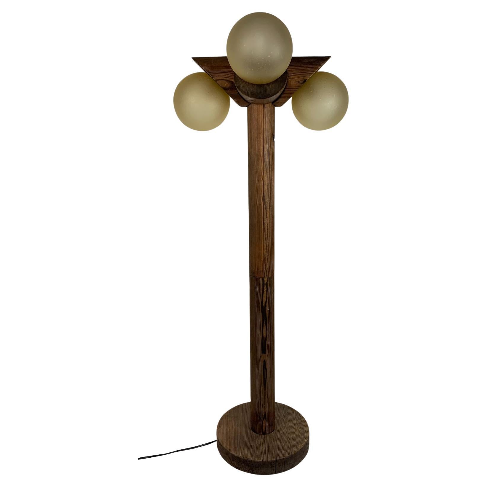 Midcentury brutalist oak floor lamp with 4 spheres, 1970s  by Temde Leuchten