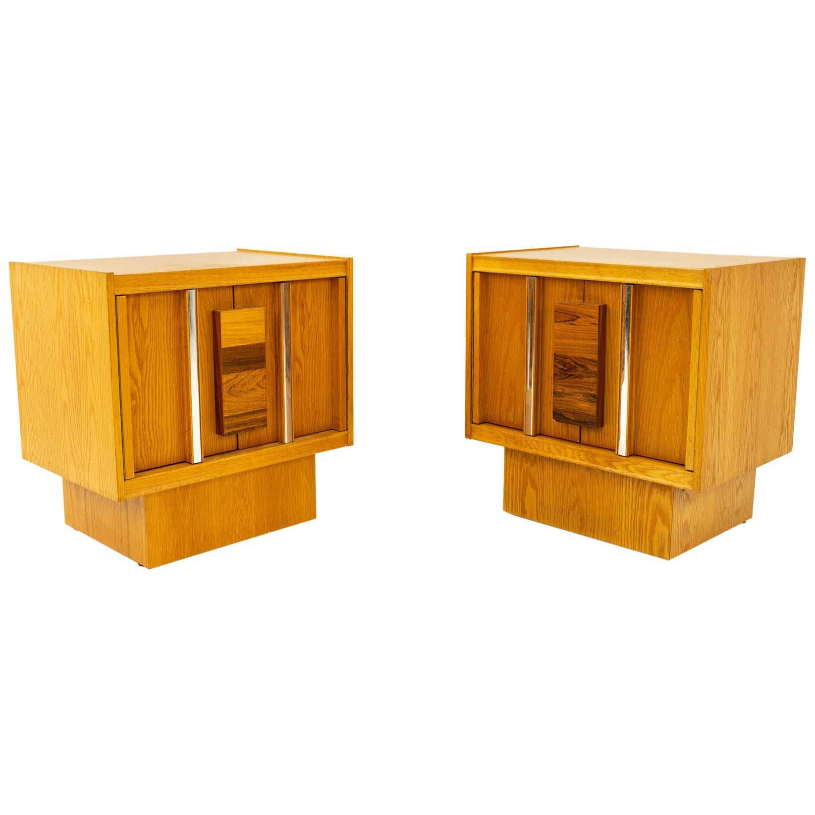 Mid Century Brutalist Oak Rosewood and Chrome Nightstands, Pair