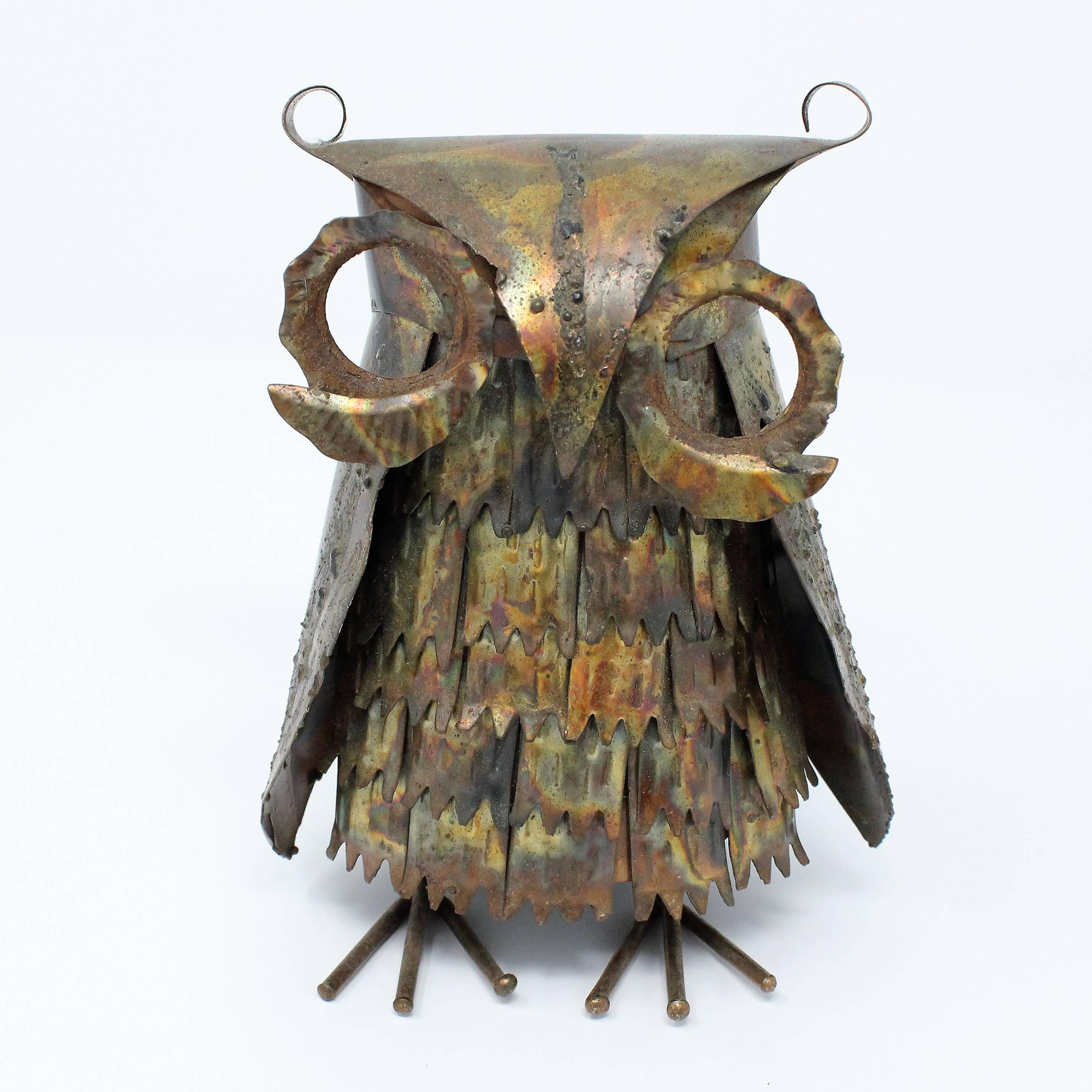 Midcentury Brutalist Patinated Brass Owl Sculpture 8