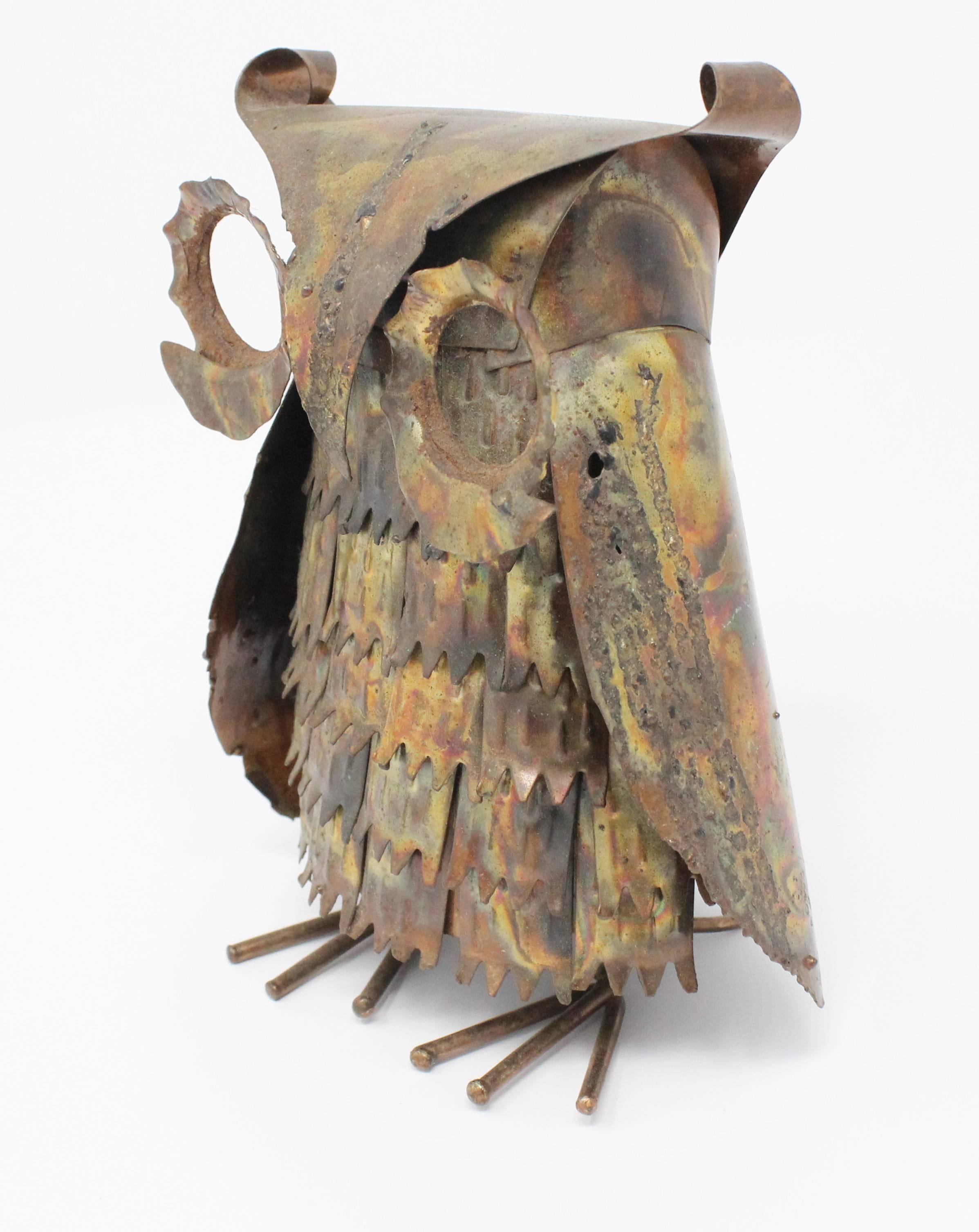 Midcentury Brutalist patinated brass owl sculpture, in the style of Curtis Jere.