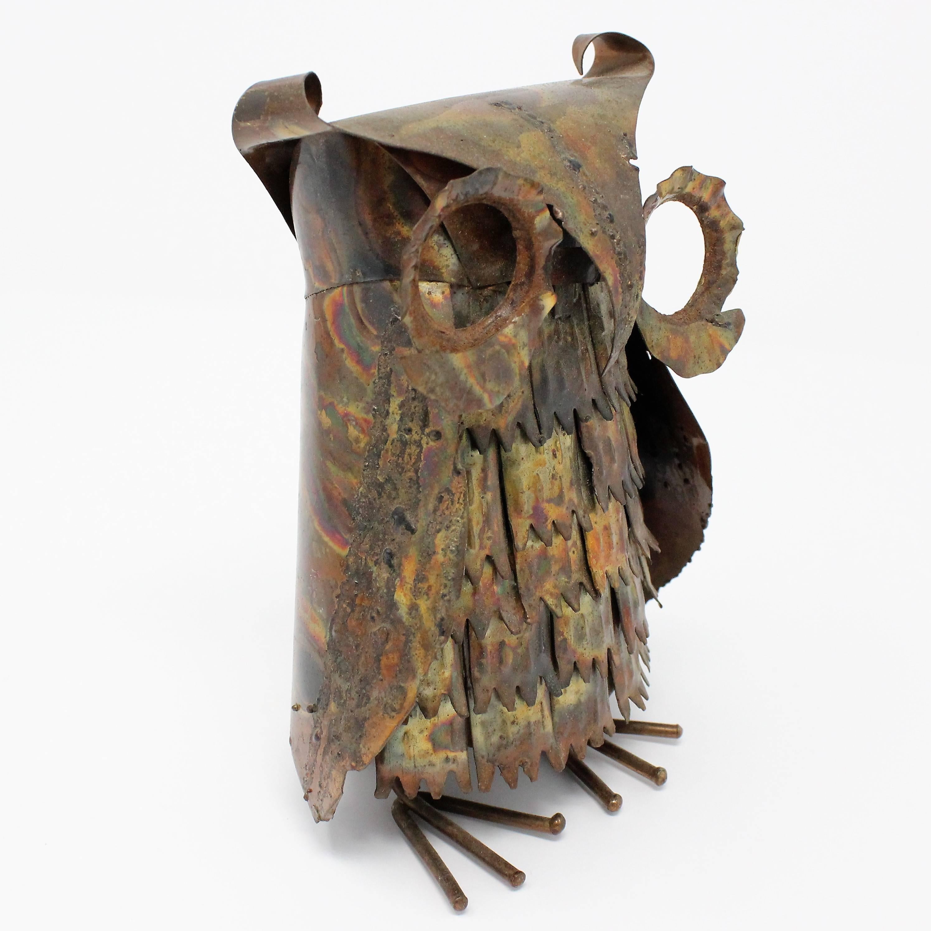 Midcentury Brutalist Patinated Brass Owl Sculpture 3