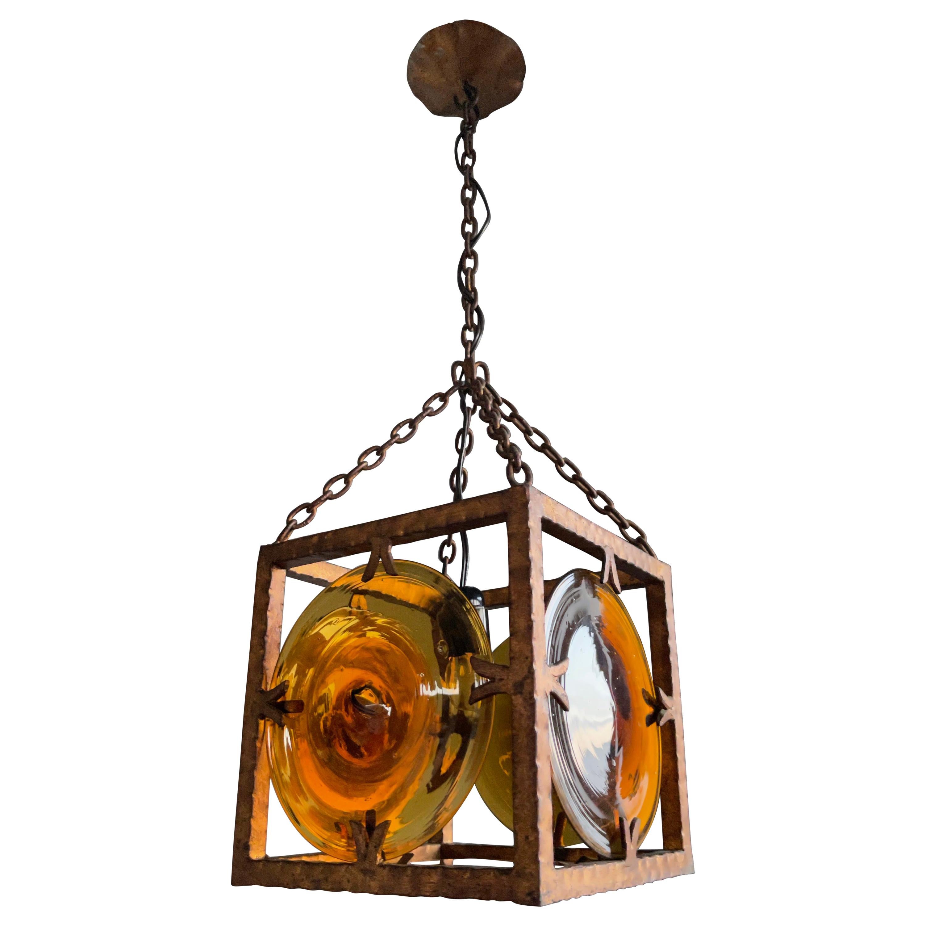 Midcentury Brutalist Pendant Light with Stunning Murano Mouth Blown Glass Discs