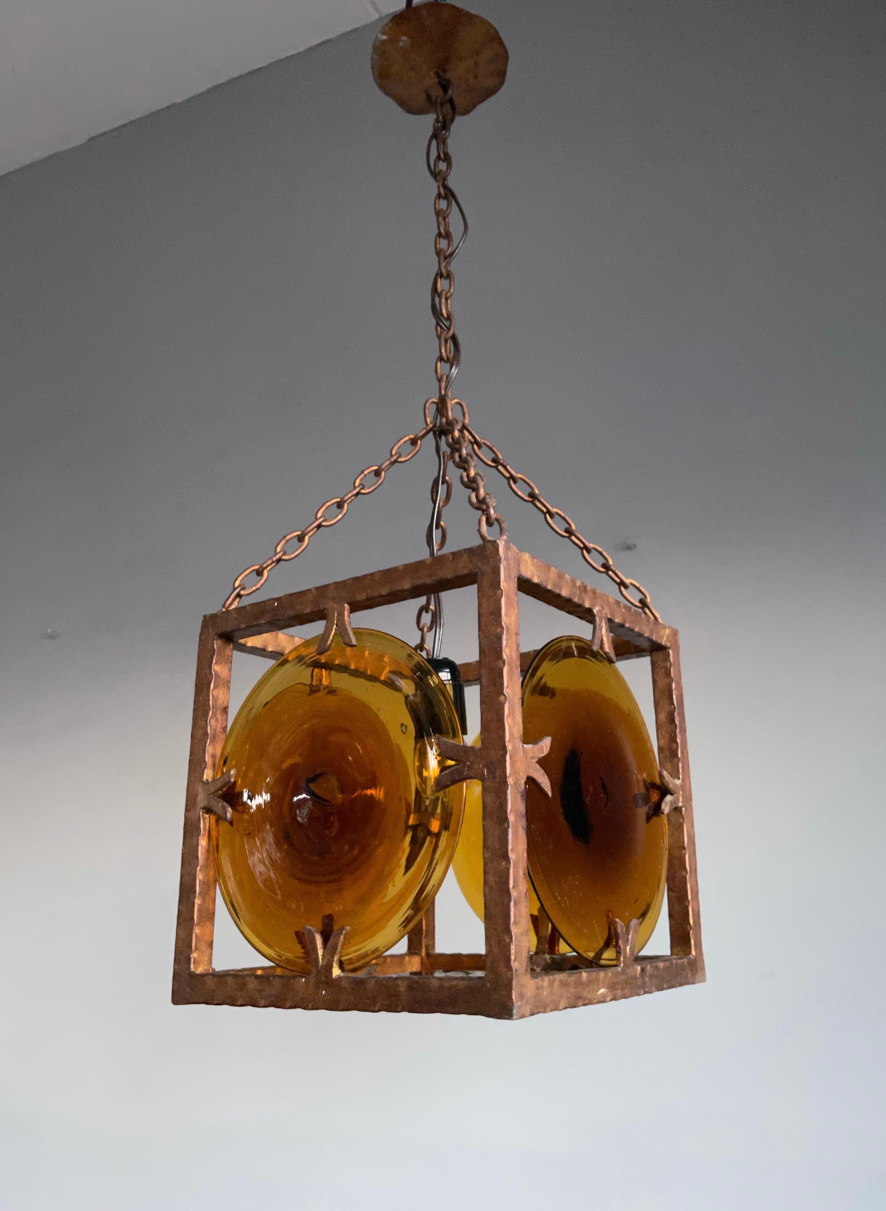 Italian Midcentury Brutalist Pendant Light with Stunning Murano Mouth Blown Glass Discs