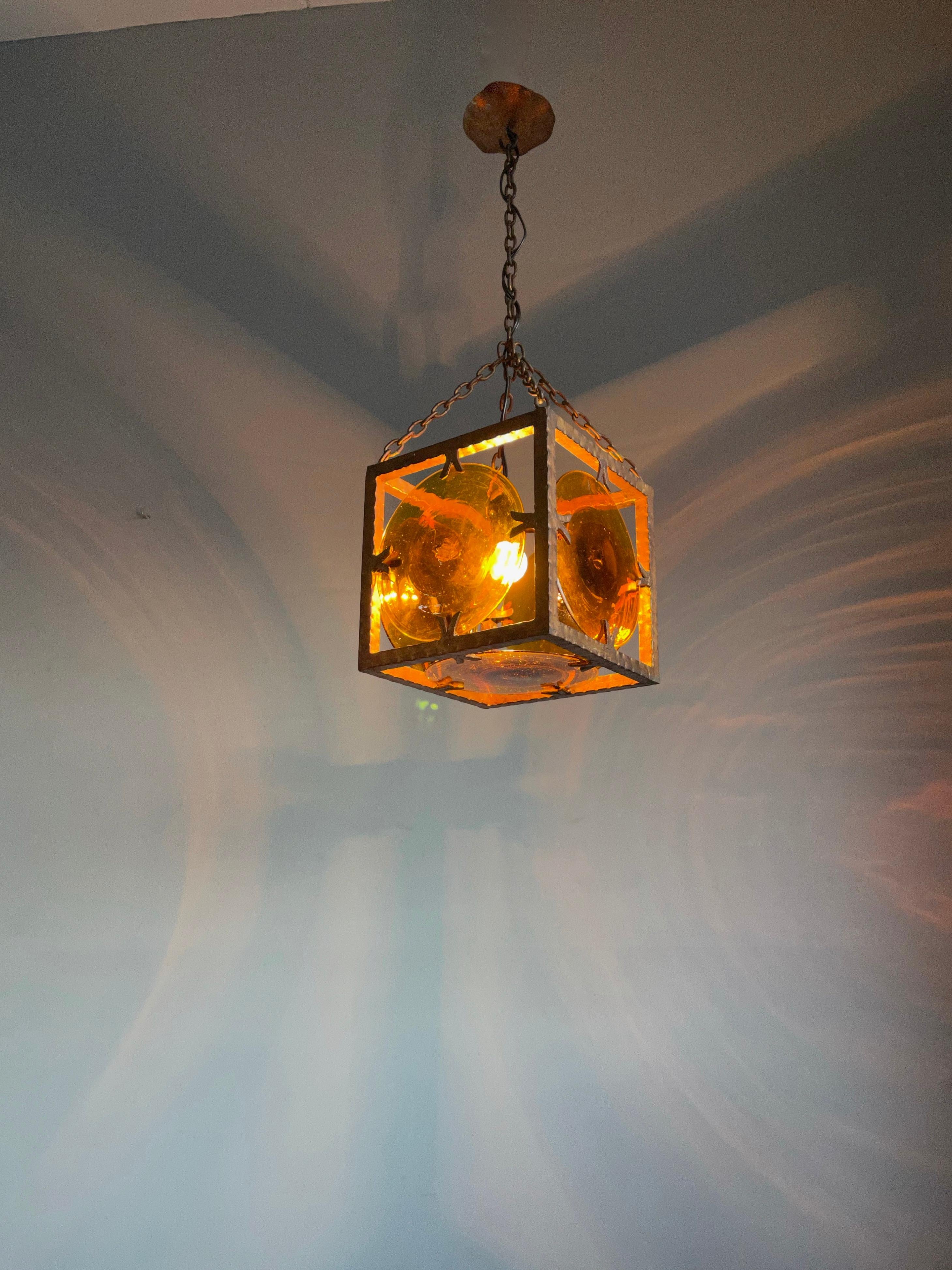 Forged Midcentury Brutalist Pendant Light with Stunning Murano Mouth Blown Glass Discs