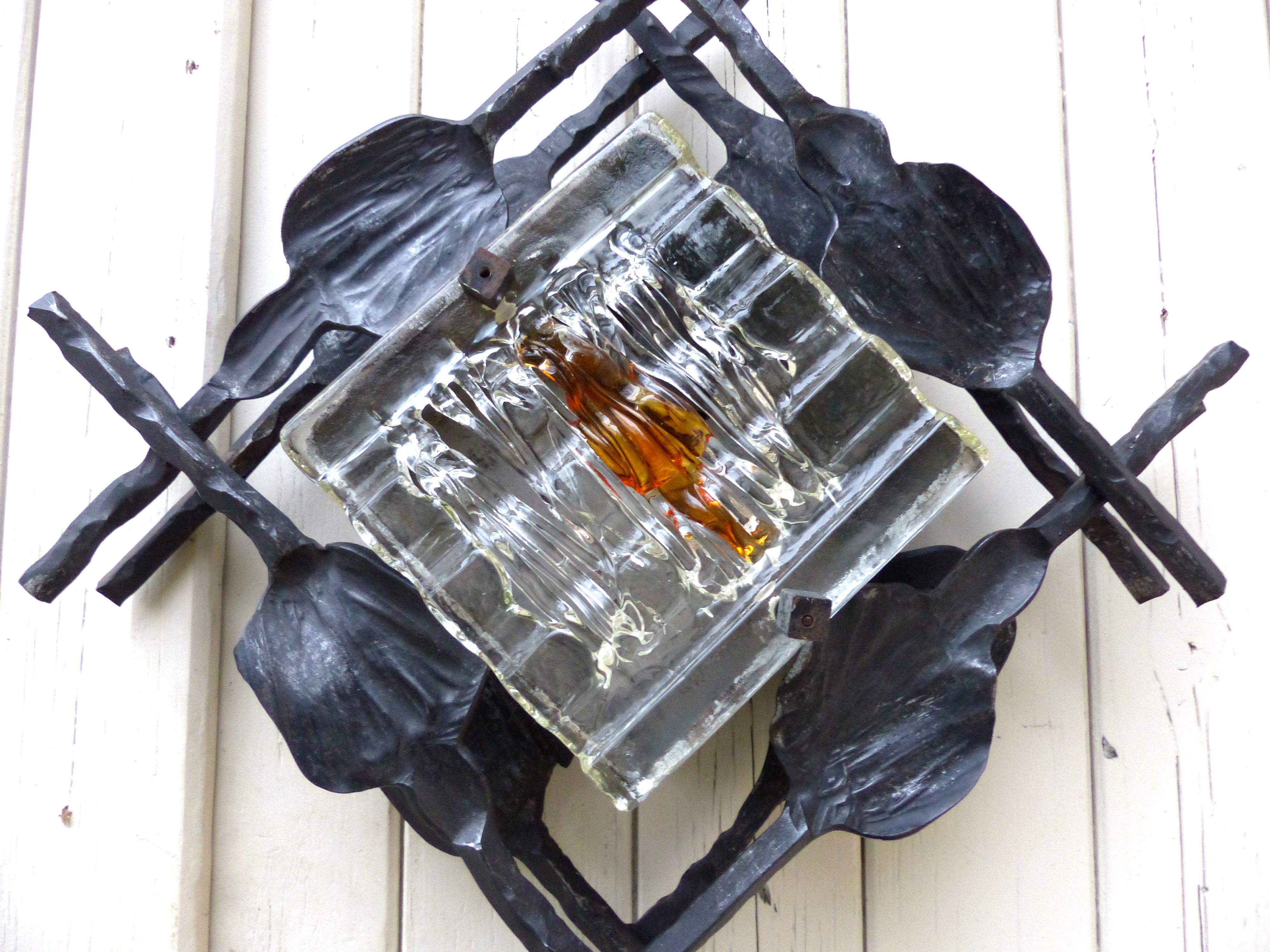 French Midcentury Brutalist Sconce Iron and Murano Glass For Sale