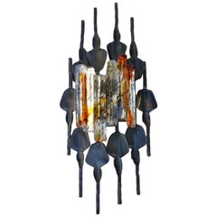 Midcentury Brutalist Sconce Iron and Murano Glass
