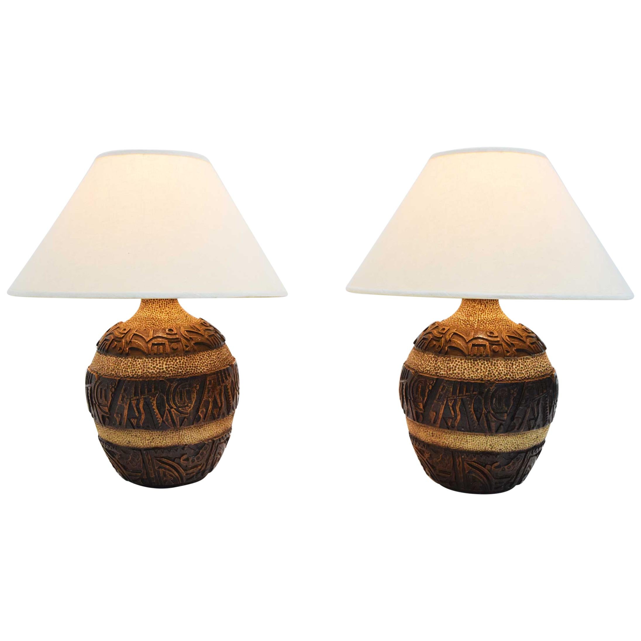 Midcentury Brutalist Style Bulbous Ceramic Table Lamps in Bronze