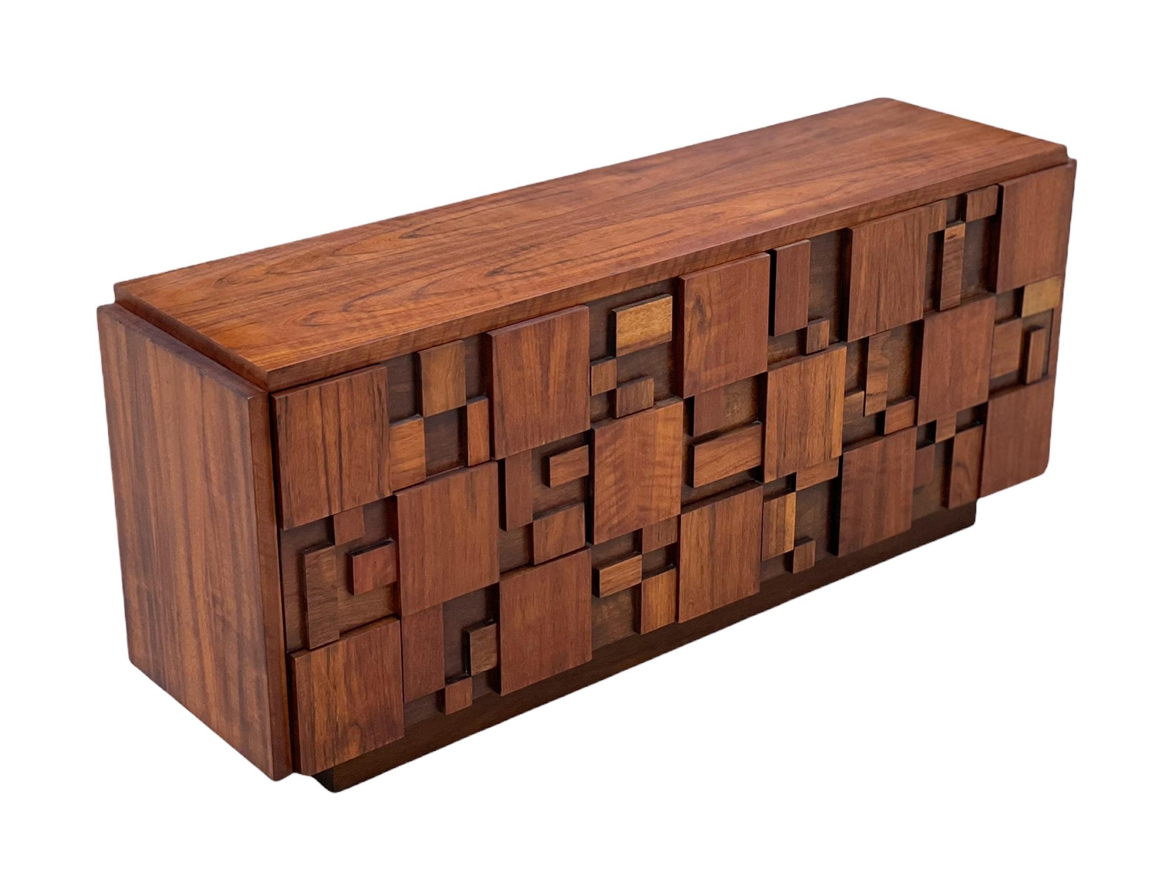 Stunning 9 drawer mosaic style Brutalist dresser from the Staccato line by Lane. Highly figured black walnut - each 
