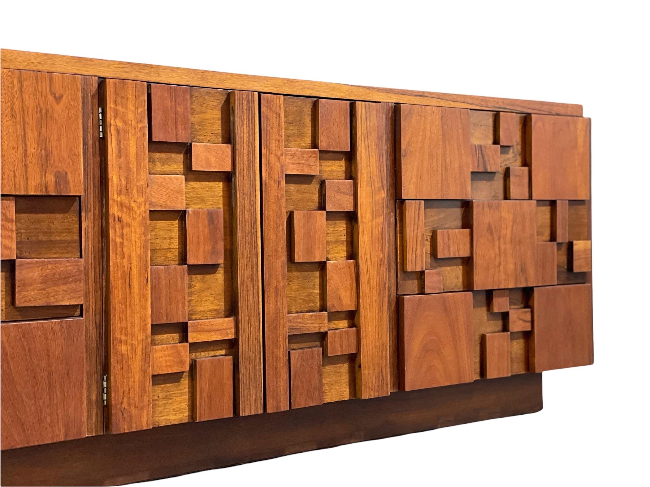 American Midcentury Brutalist Style Dresser Credenza in Walnut, Lane Staccato, circa 1977