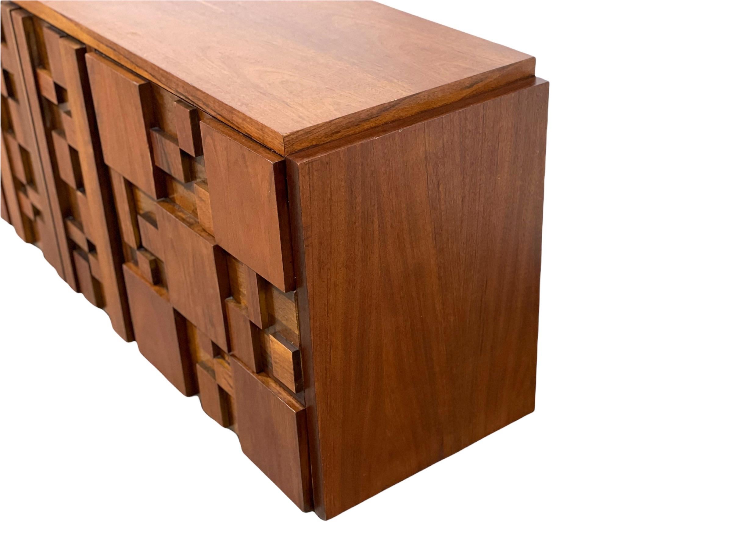 Late 20th Century Midcentury Brutalist Style Dresser Credenza in Walnut, Lane Staccato, circa 1977