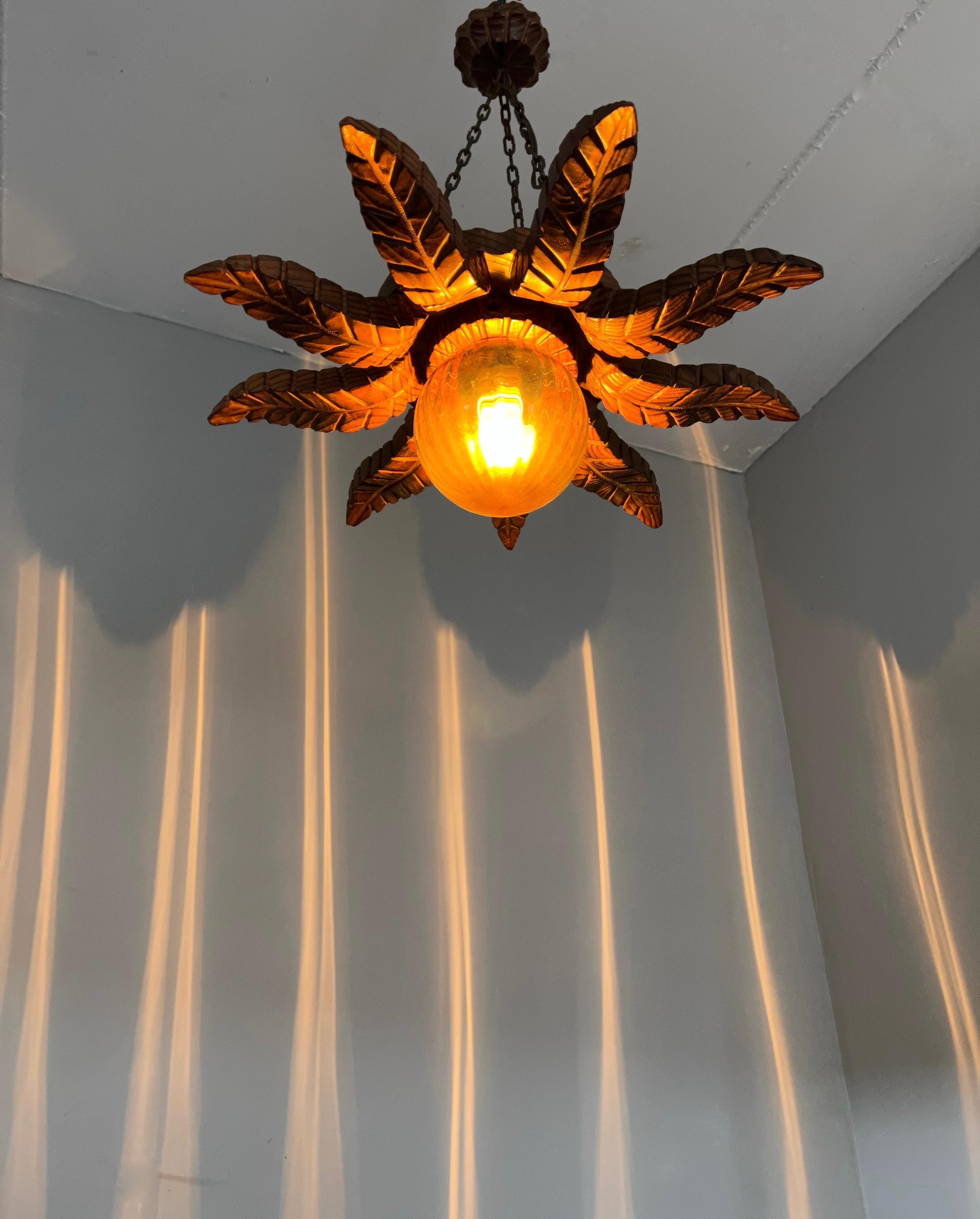Mid-Century Brutalist Sunburst Wooden Pendant Light / Flush Mount W. Amber Shade 2