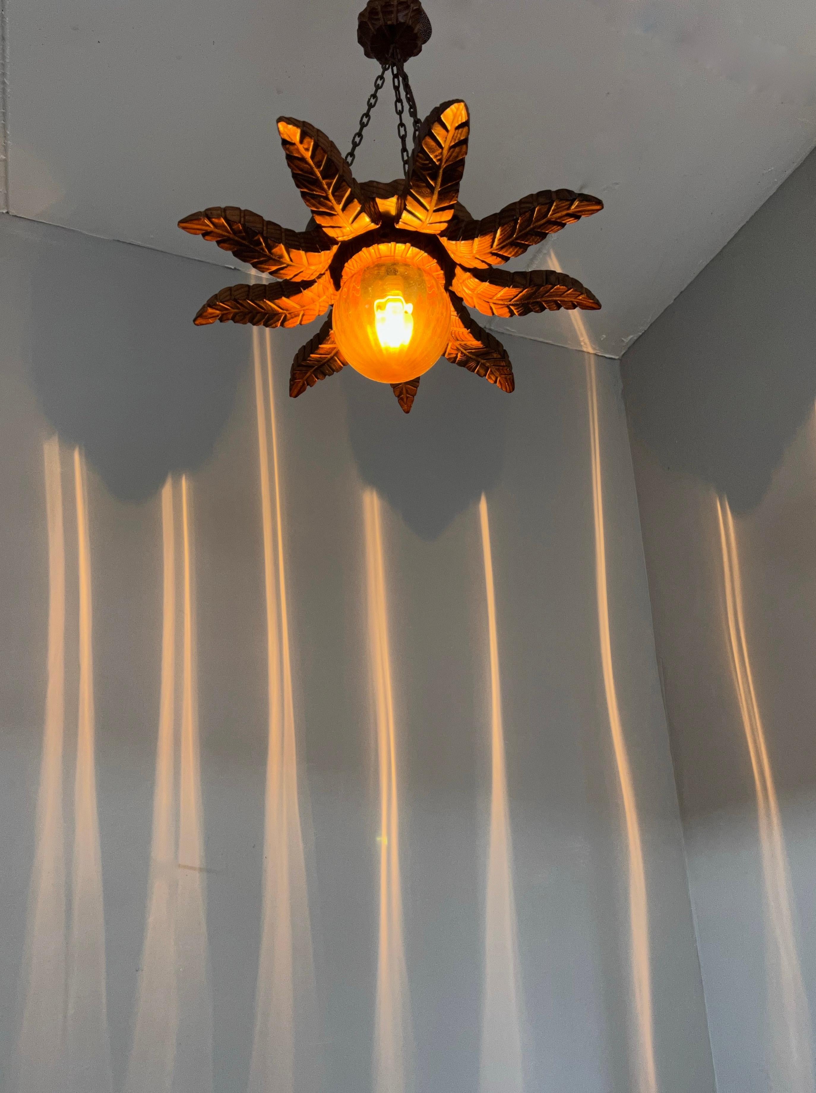 Mid-Century Brutalist Sunburst Wooden Pendant Light / Flush Mount W. Amber Shade 10