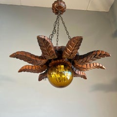 Mid-Century Brutalist Sunburst Wooden Pendant Light / Flush Mount W. Amber Shade