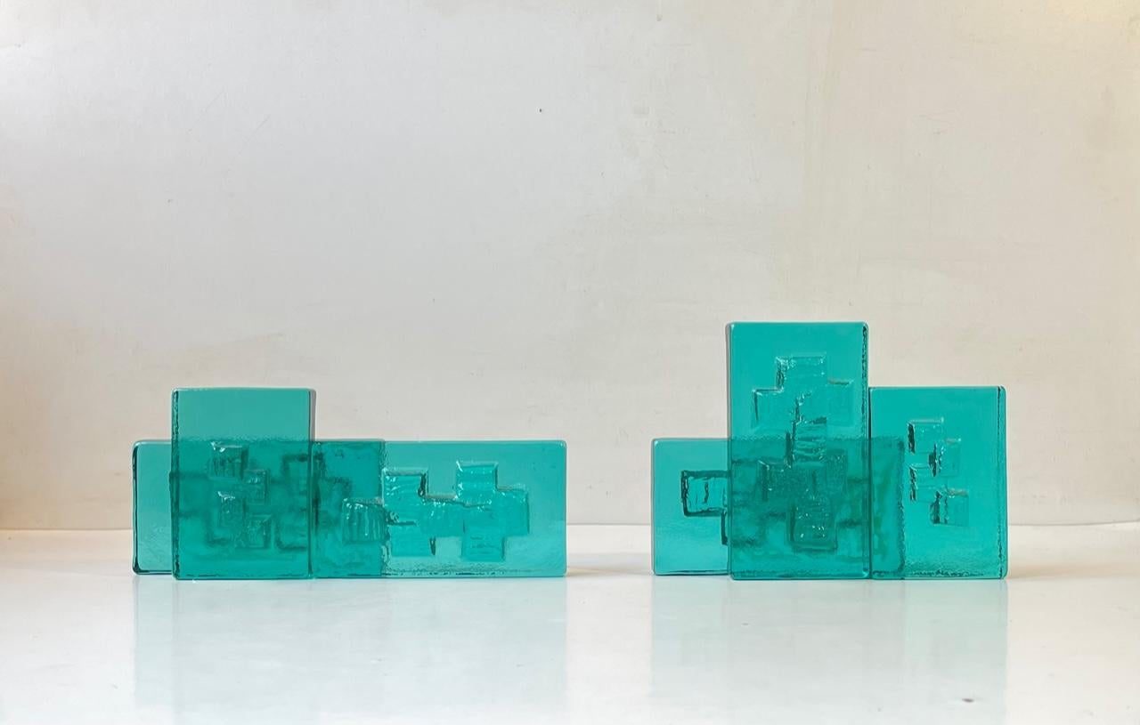 Pressed Midcentury Brutalist Tealight Candle Screens in Blue Glass, 1970s For Sale
