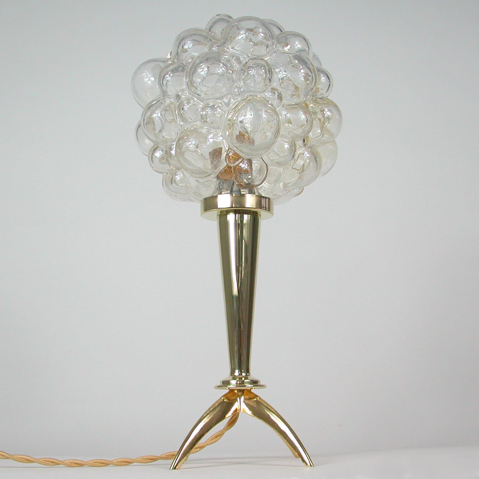 German Midcentury Bubble Glass and Brass Table Lamp by Helena Tynell for Limburg, 1960s For Sale