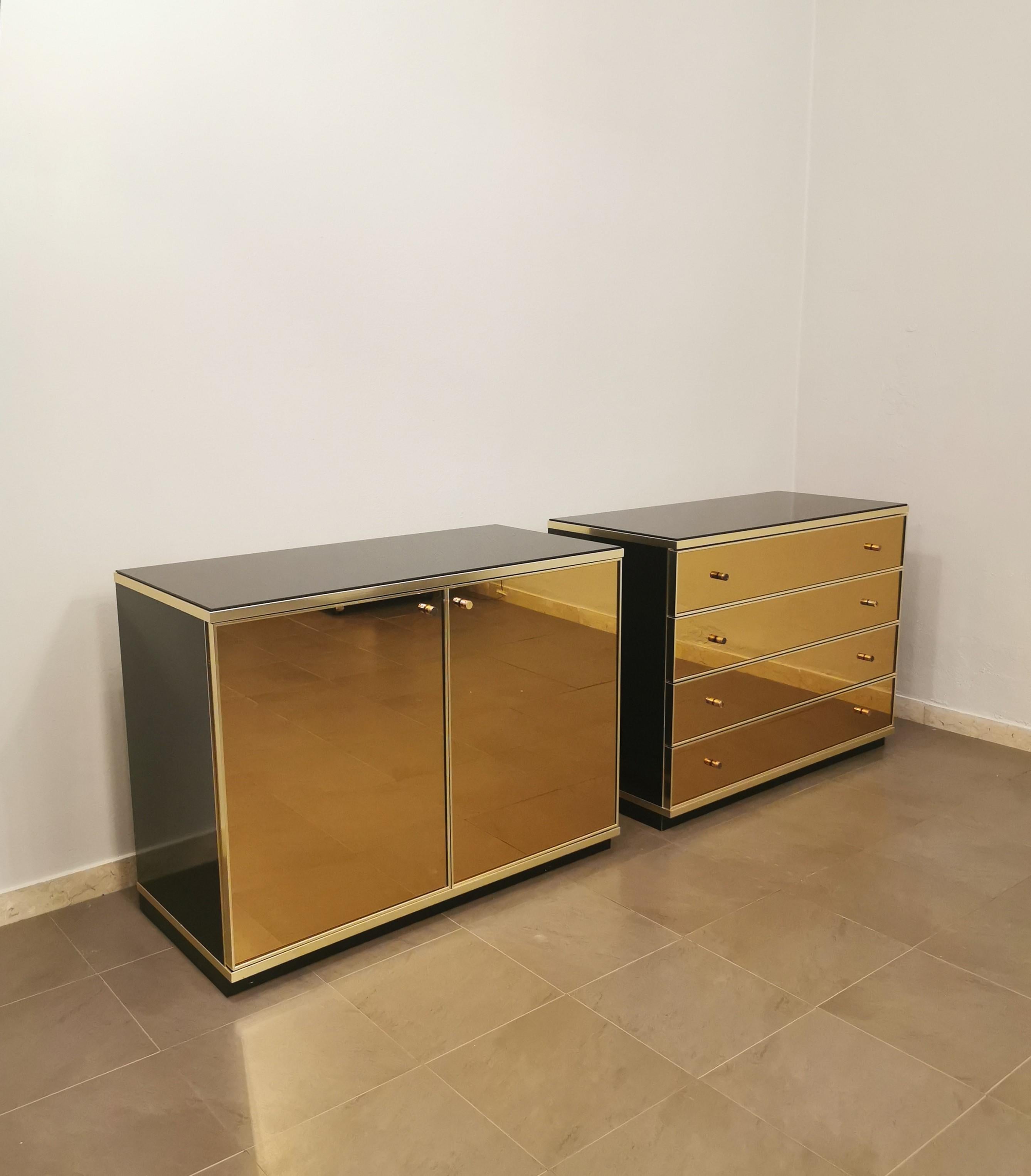 Italian Midcentury Buffet Dresser Renato Zevi Lacquered Wood Mirrored Glass 70s Set of 2