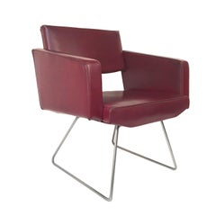 Midcentury Burgundy Faux Leather French Armchair in the Style of Motte, 1950s