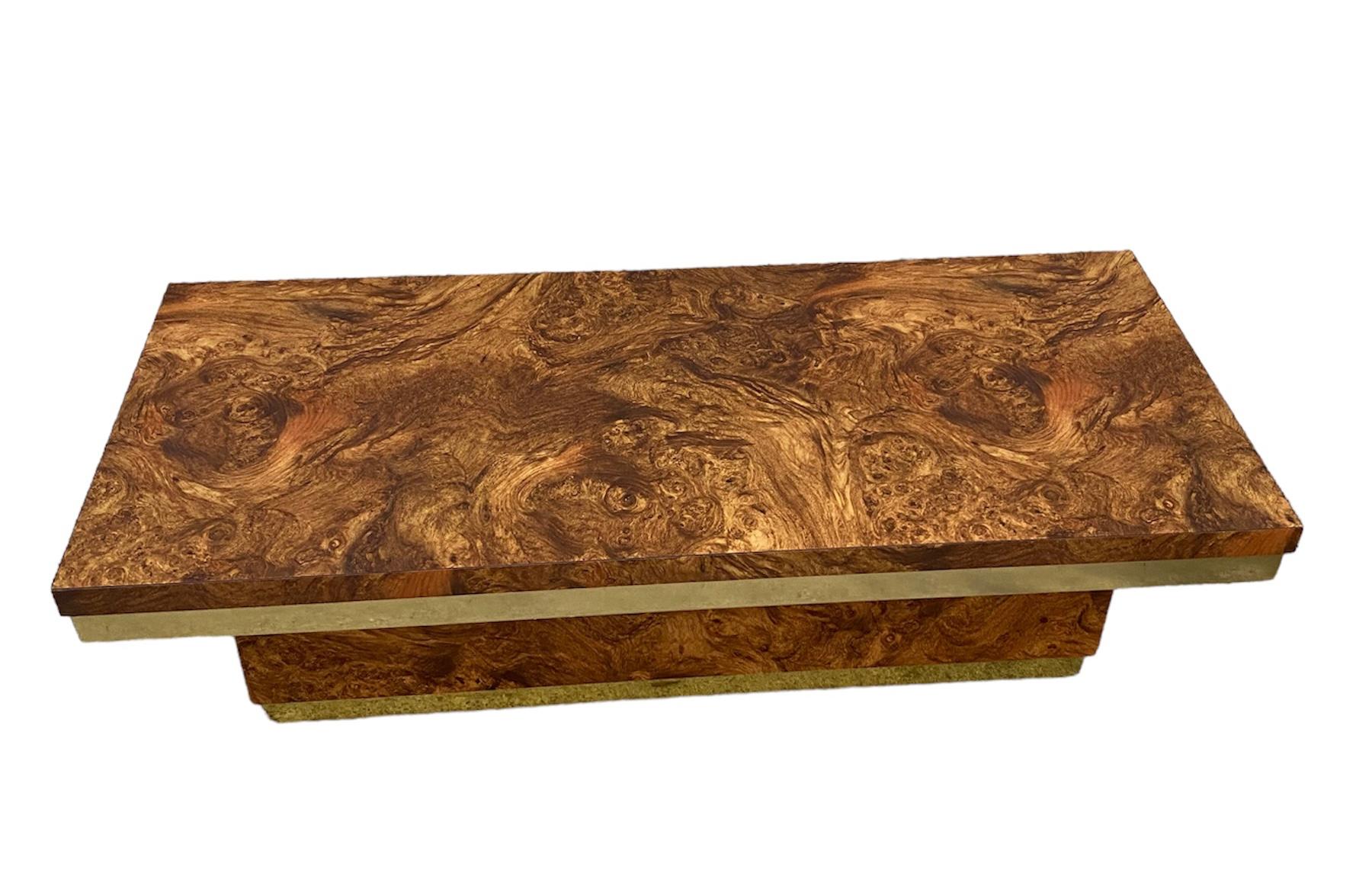 American Midcentury Burl Wood and Brass Coffee Table For Sale