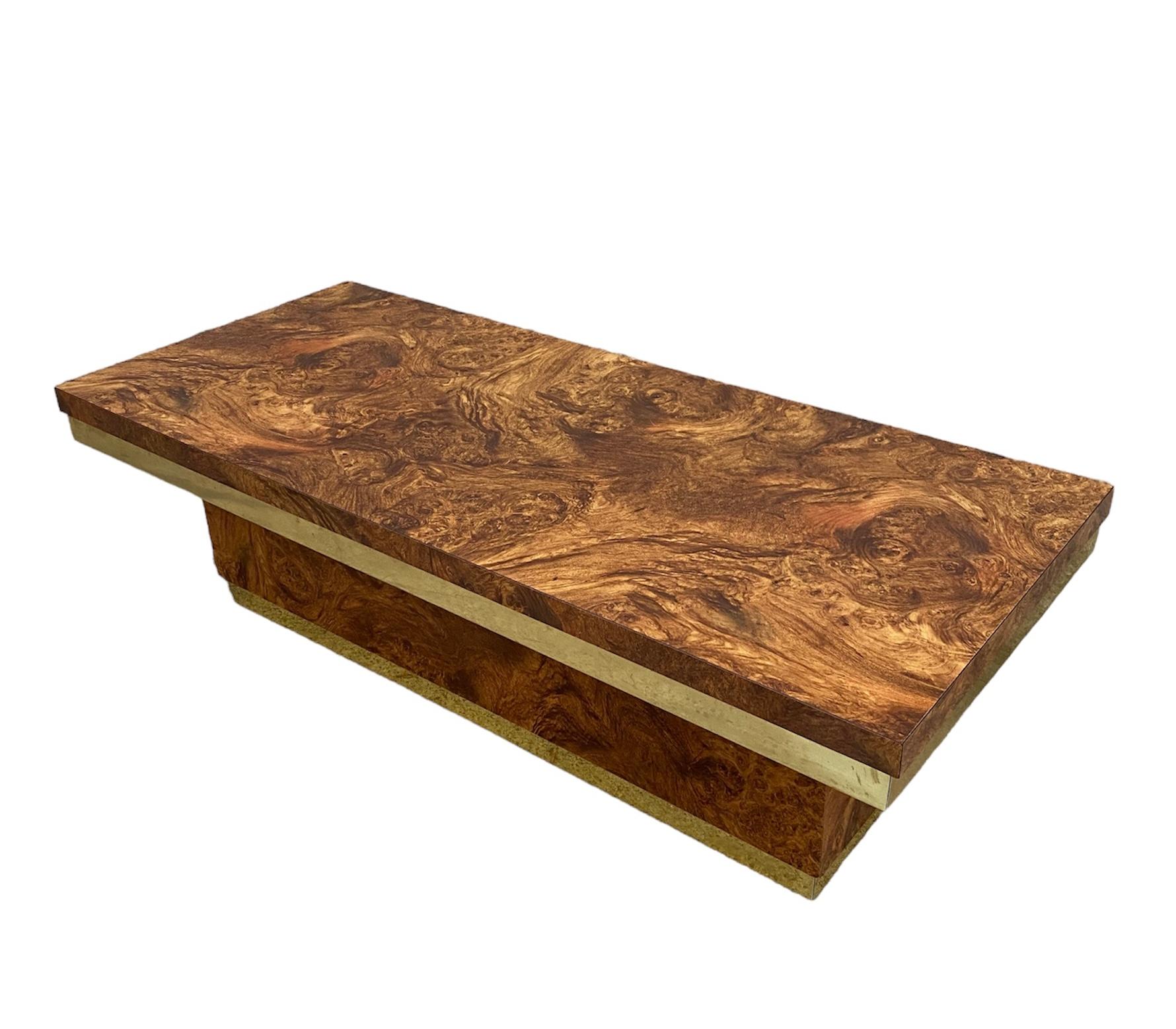 American Midcentury Burl Wood and Brass Coffee Table For Sale