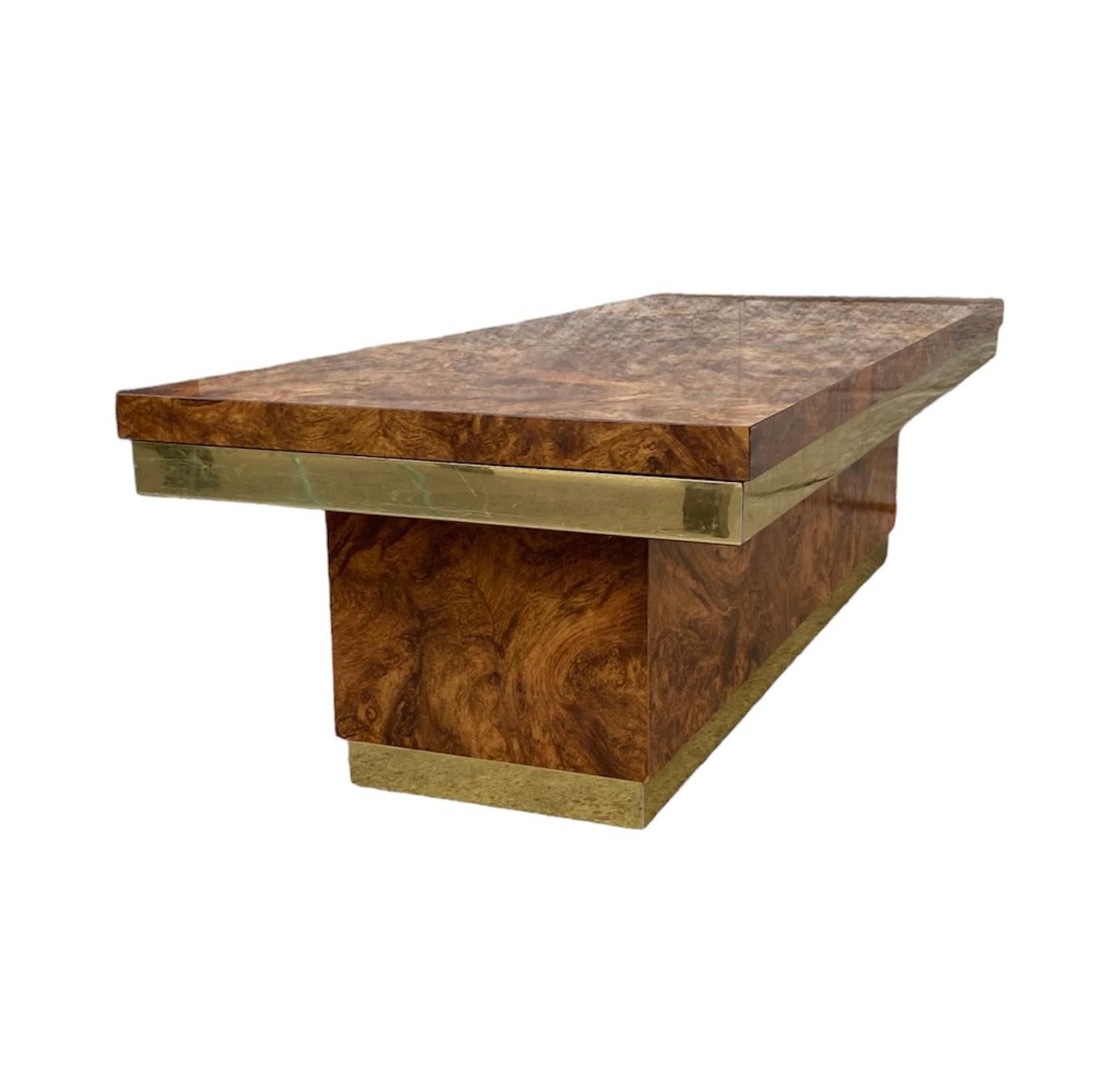 Late 20th Century Midcentury Burl Wood and Brass Coffee Table For Sale