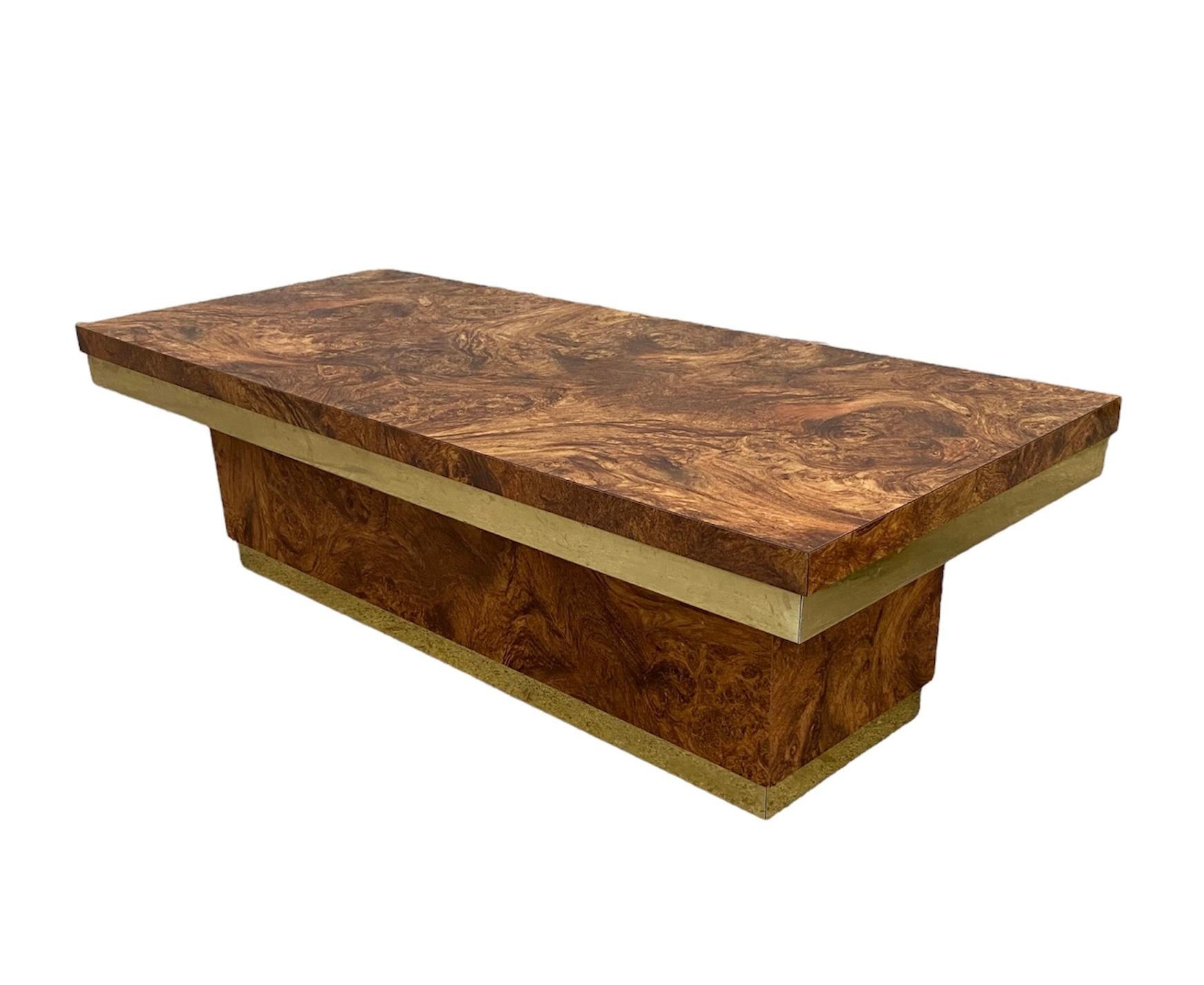 Midcentury Burl Wood and Brass Coffee Table For Sale 1