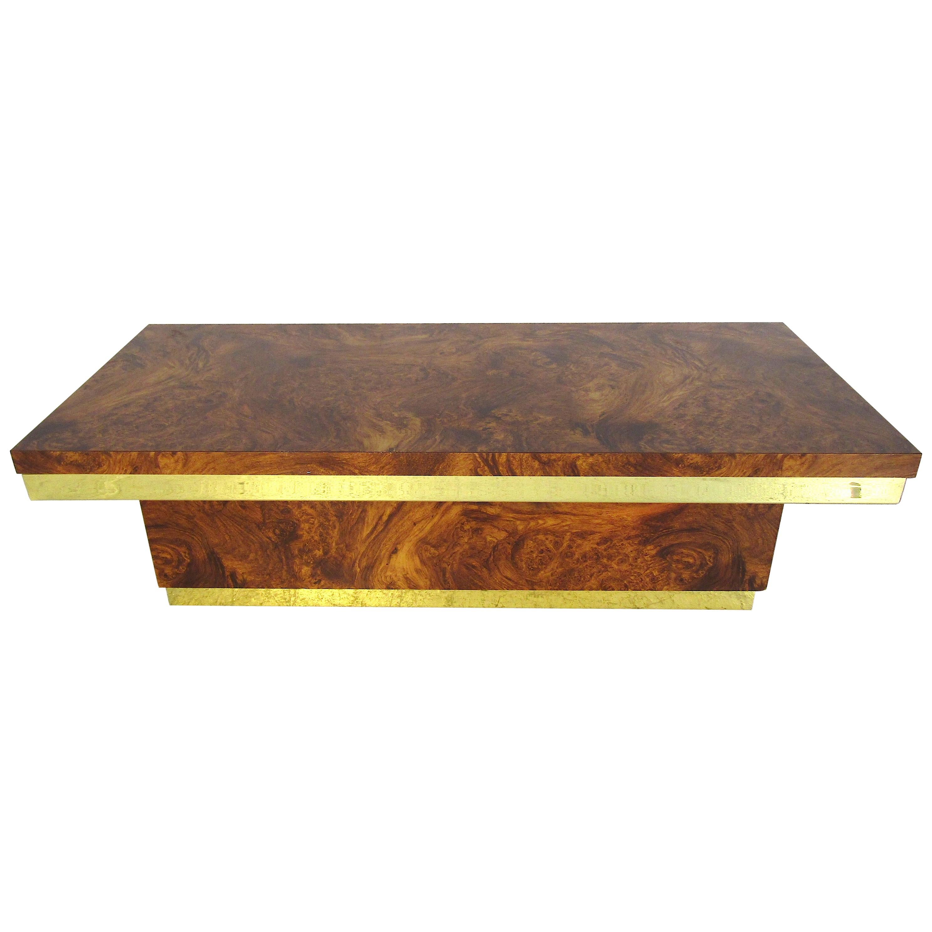 Midcentury Burl Wood and Brass Coffee Table