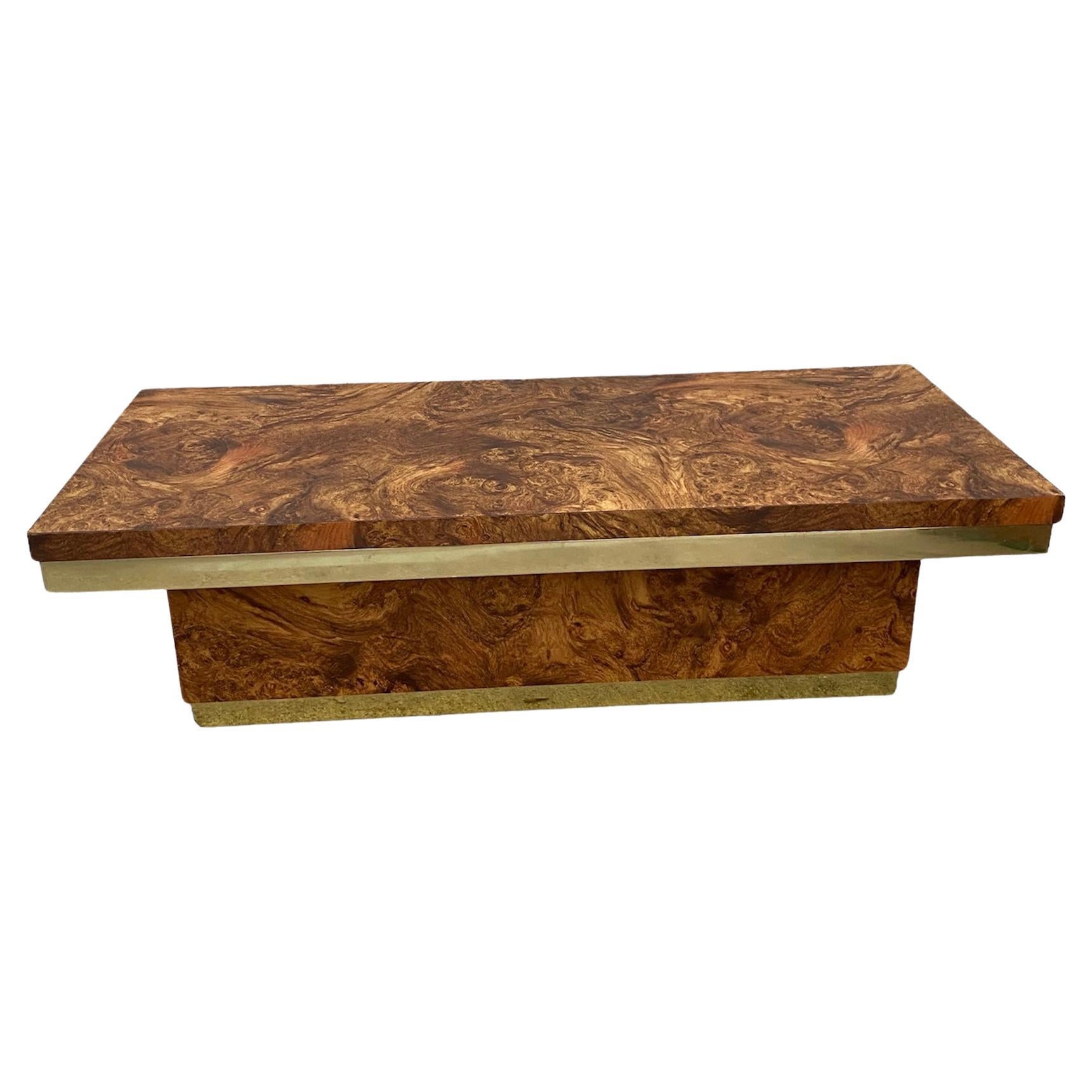 Midcentury Burl Wood and Brass Coffee Table