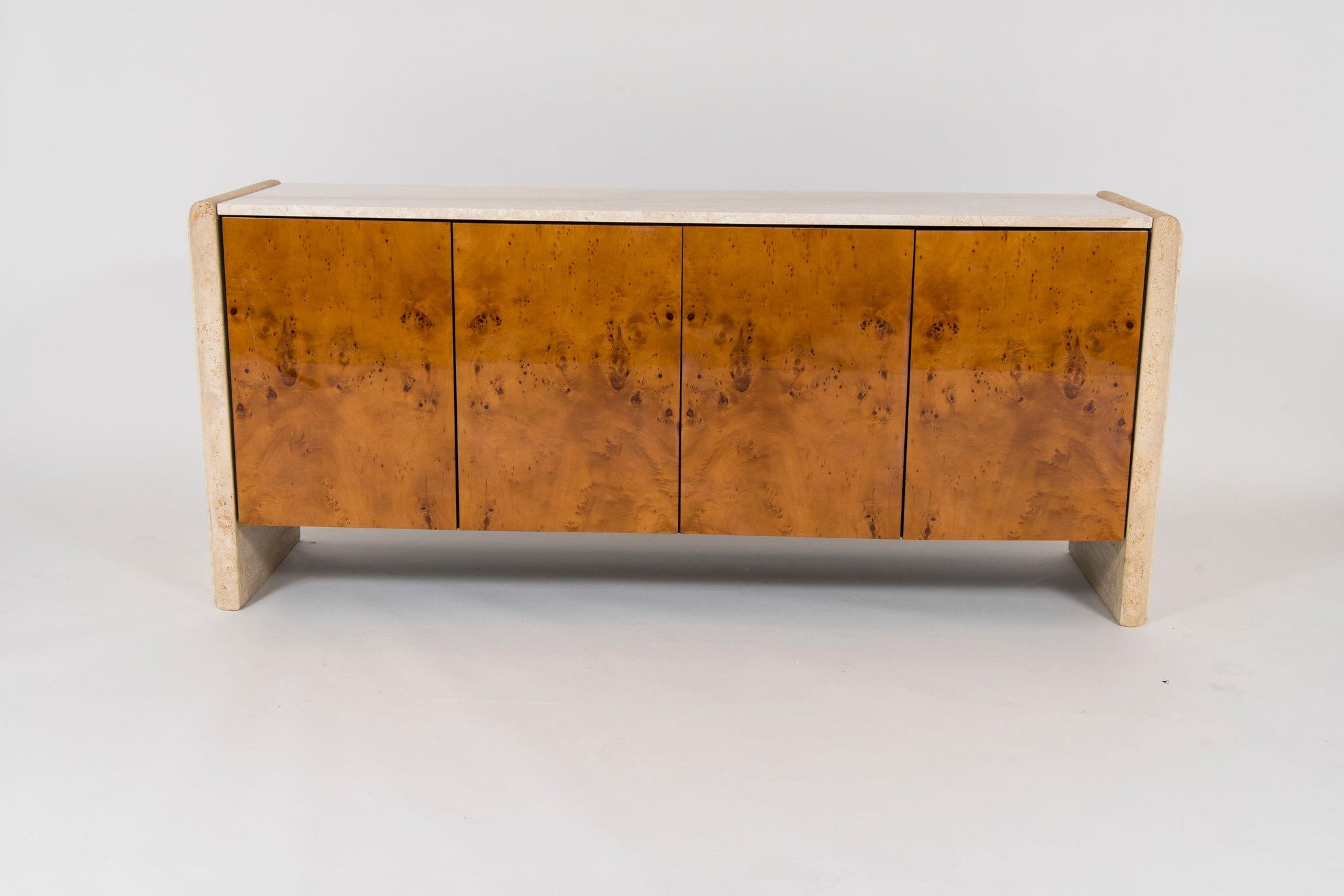 Midcentury Burl Wood and Marble Credenza In Good Condition In Houston, TX