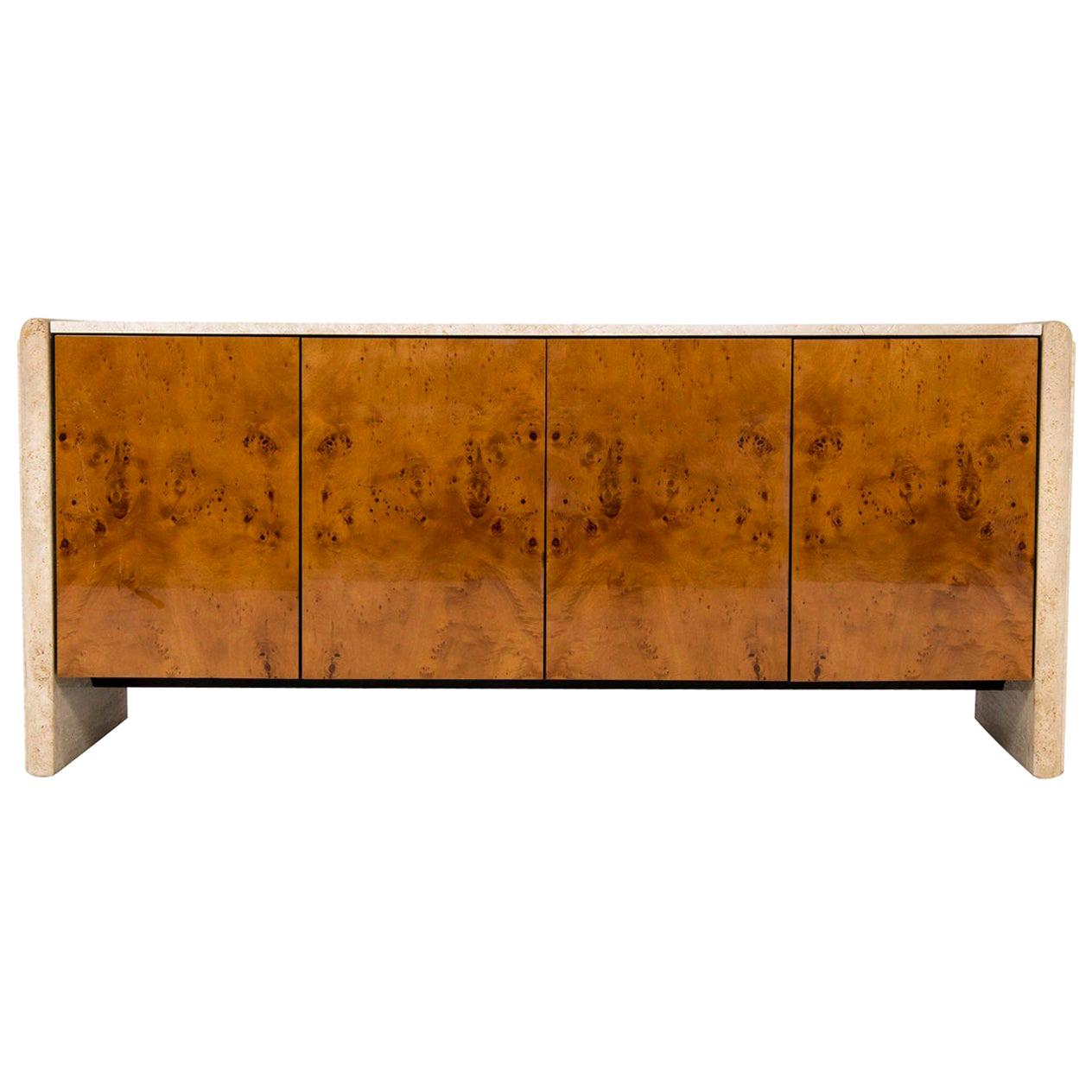 Midcentury Burl Wood and Marble Credenza
