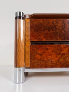 Midcentury Burl Wood, Chrome and Lucite Nightstands in the Style of Willy Rizzo